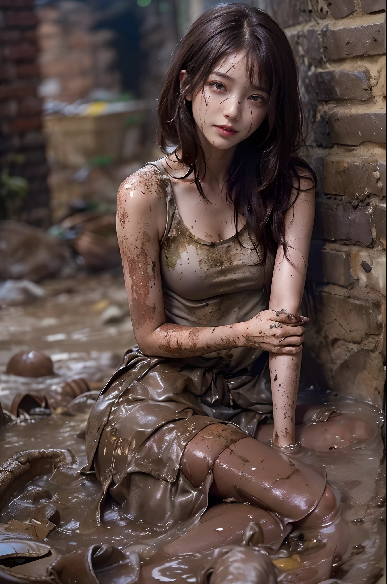 Raw photo, dynamic pose, dilapidated back alley, (lying on ground):1.2, ((muddy, dirty):1.2), 1girl, (pale skin, nude, delicate face, mouth covered, innocent, cute, glooming, (looking away, spacing out)), ((torn shirt), huge breasts:1, small waist, loose vagina), (masterpiece)