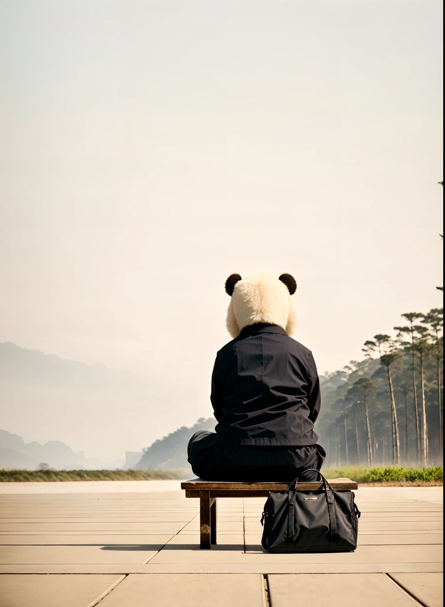 A panda sits on a bench,There are handbags, Business suit,Melancholy looked into the distance,With your back to the camera,wide wide shot,best qualityer, 8K分辨率,Cinematic lighting,best qualityer,Detail light,bamboo forrest,wide wide shot