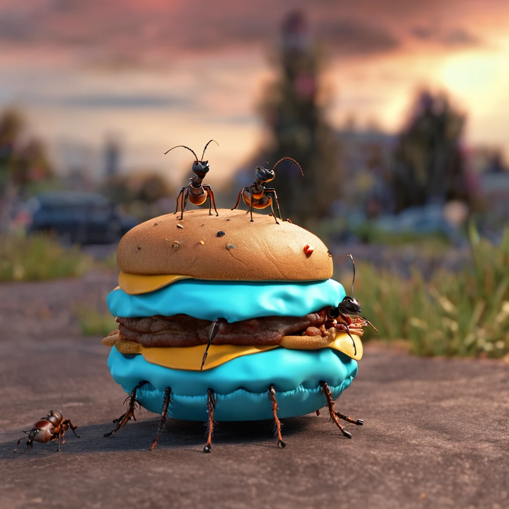 The ants headed for a hamburger,There is a burger on the road,Ants walking on the road,magic hour,Photorealistic rendering,The is very detailed,tmasterpiece,Miniatures