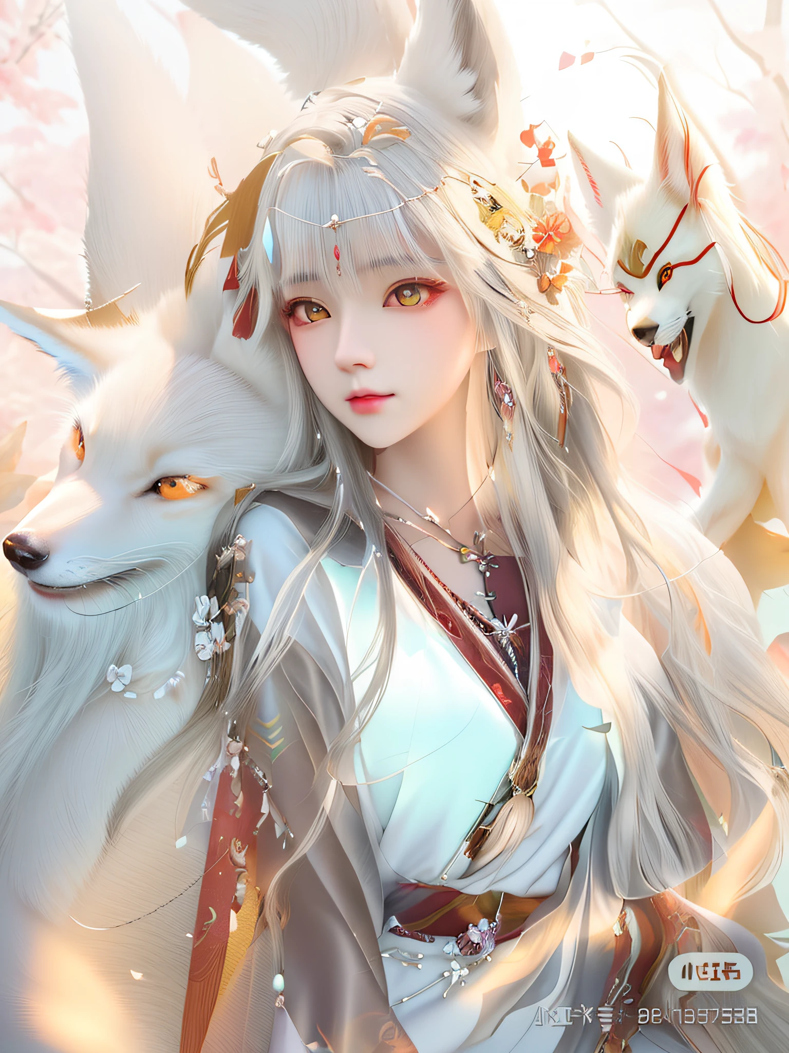 Anime girl with long hair and white wolf, a beautiful fox lady, White-haired fox, Guviz, a beautiful kitsune woman, Guviz-style artwork, Fantasy art style, Japanese art style, by Yang J, Kitsune, Beautiful anime style, long white hair, wolf women, sakimichan, ethereal fox