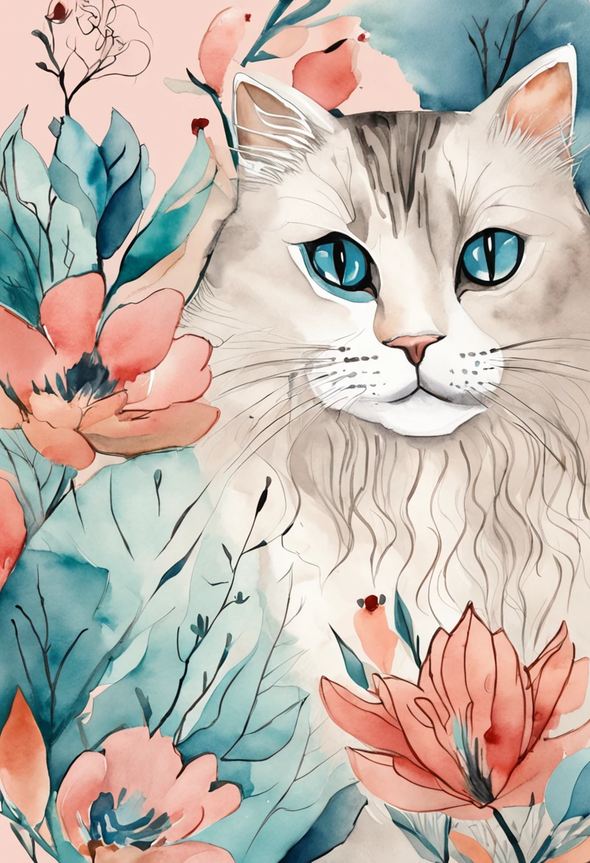 Cats, Main color: Black, Secondary color: cyan, soft pink background, Artistic, Sophisticated, Warm style, Shapes include abstract cats, Playful form, Elegant work, Textures include fur textures, Smooth paint, Fabric texture, Lines contain beautiful lines, Natural curves, Refined silhouette, Elegant shape, Approachable, Expressive, Aesthetic