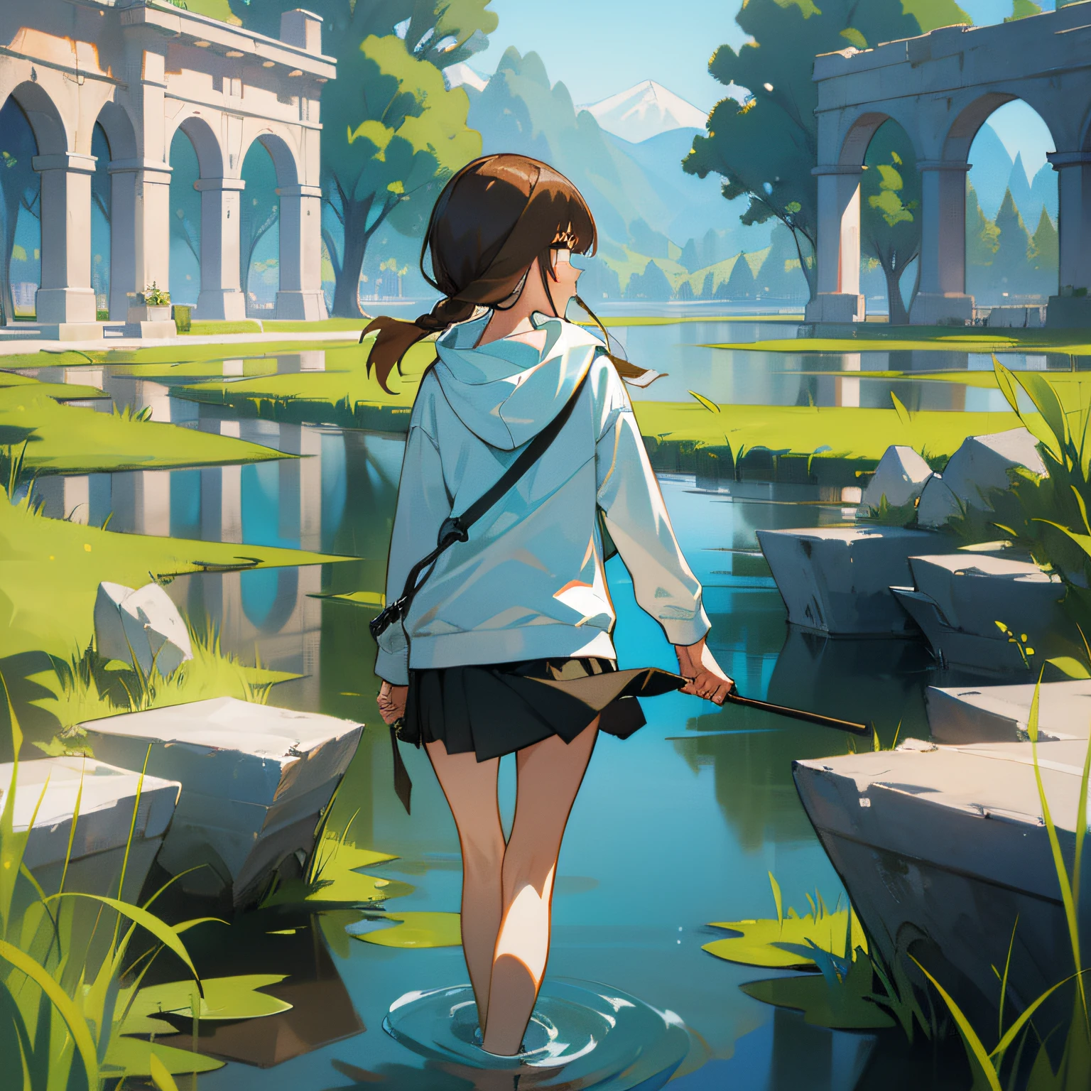 MKSKS style, (Very detailed background:1.0), (highly detailed back ground:1.0), 1girll, full_Body, Looking_at_peeping at the viewer, Hoodie, partly_unzipped, Masterpiece, Best quality, (1girll, Solo, Girl:1.2), Lake, Grass, walking on the water, Jumps, Stone ruins, color difference, Depth of field, Soft lighting