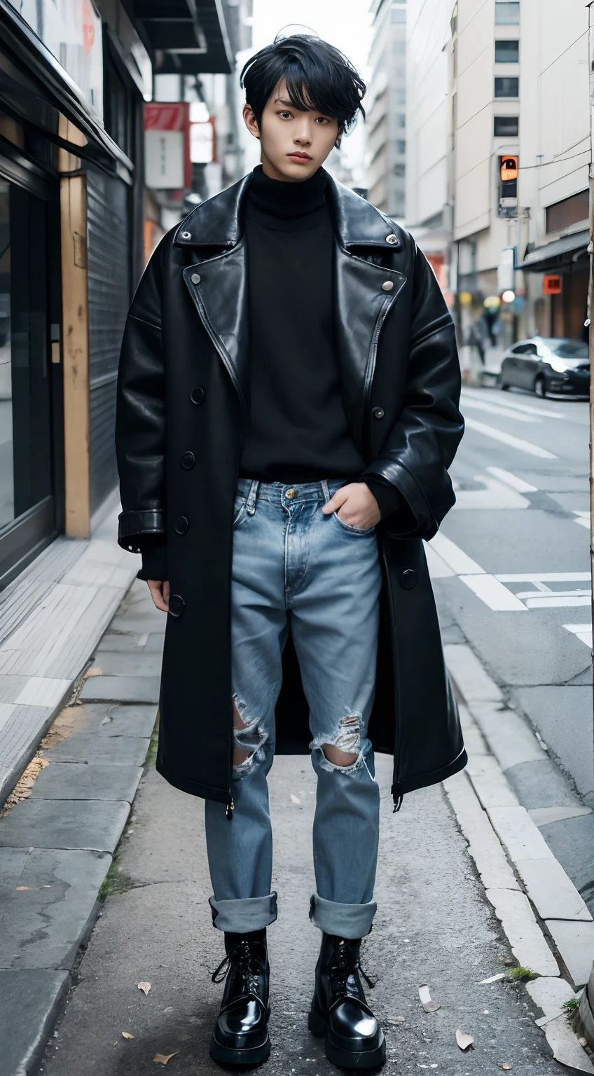 Portrait of 20 year old Japan man in autumn mode casual style/Winters. Wearing a black oversized coat by Comme des Garçons, Skinny Jeans, and black leather boots. The appearance is avant-garde and chic. Fall Mode Casual Hairstyles/Winters. long to, Wavy look with a light hold, Reflects his artistic and unconventional personality.