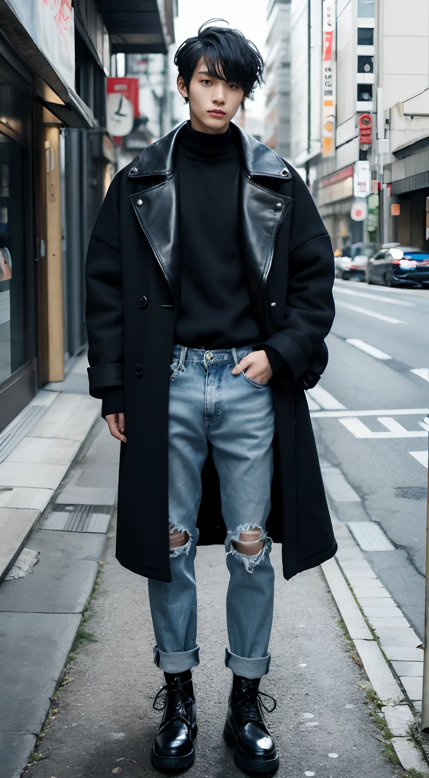 Portrait of 20 year old Japan man in autumn mode casual style/Winters. Wearing a black oversized coat by Comme des Garçons, Skinny Jeans, and black leather boots. The appearance is avant-garde and chic. Fall Mode Casual Hairstyles/Winters. long to, Wavy look with a light hold, Reflects his artistic and unconventional personality.