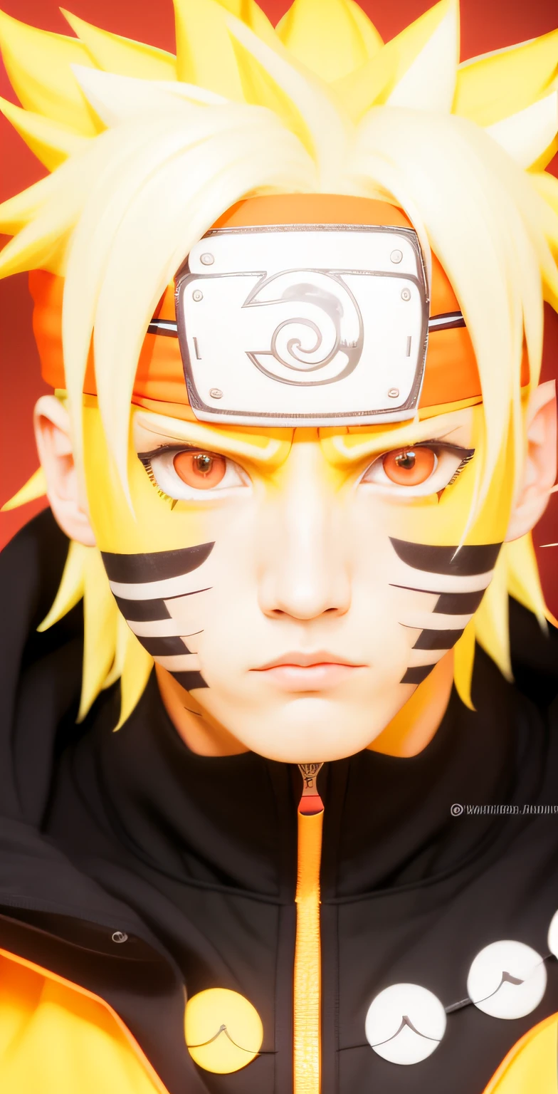 "naruto uzumaki, wearing a konoha headband, sporting a turtle neck jacket in vibrant orange, intense orange eyes, brightly lit face, showing an angry expression, with three stripes on the sides of the face, in a potrait photo, depicting a real human."