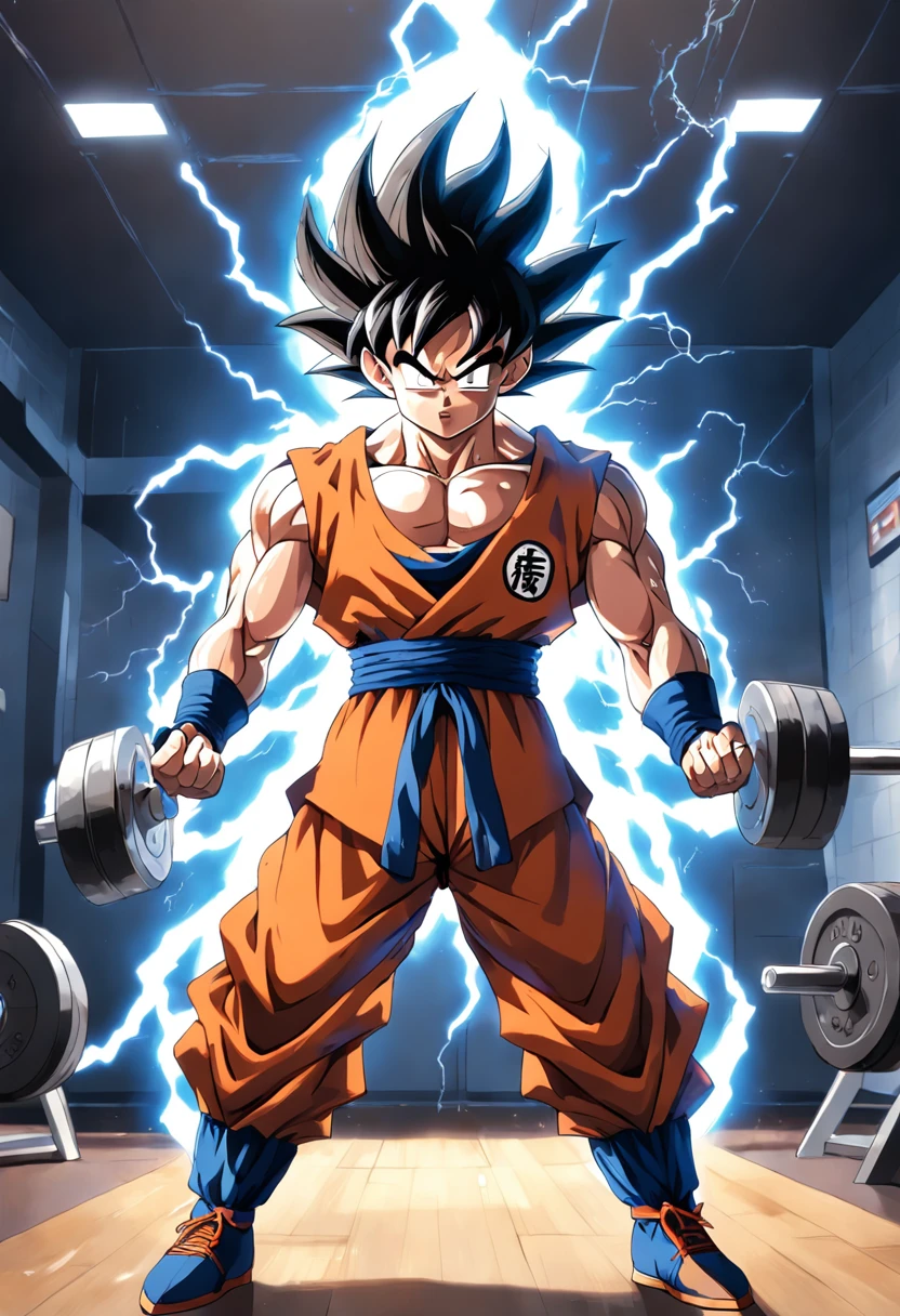 "A detailed drawing of Son Goku intensely training his biceps in a bodybuilding gym, com um cabelo prateado brilhante e pele prateada polida, surrounded by a fiery blue energetic lightning, Aura Ace."