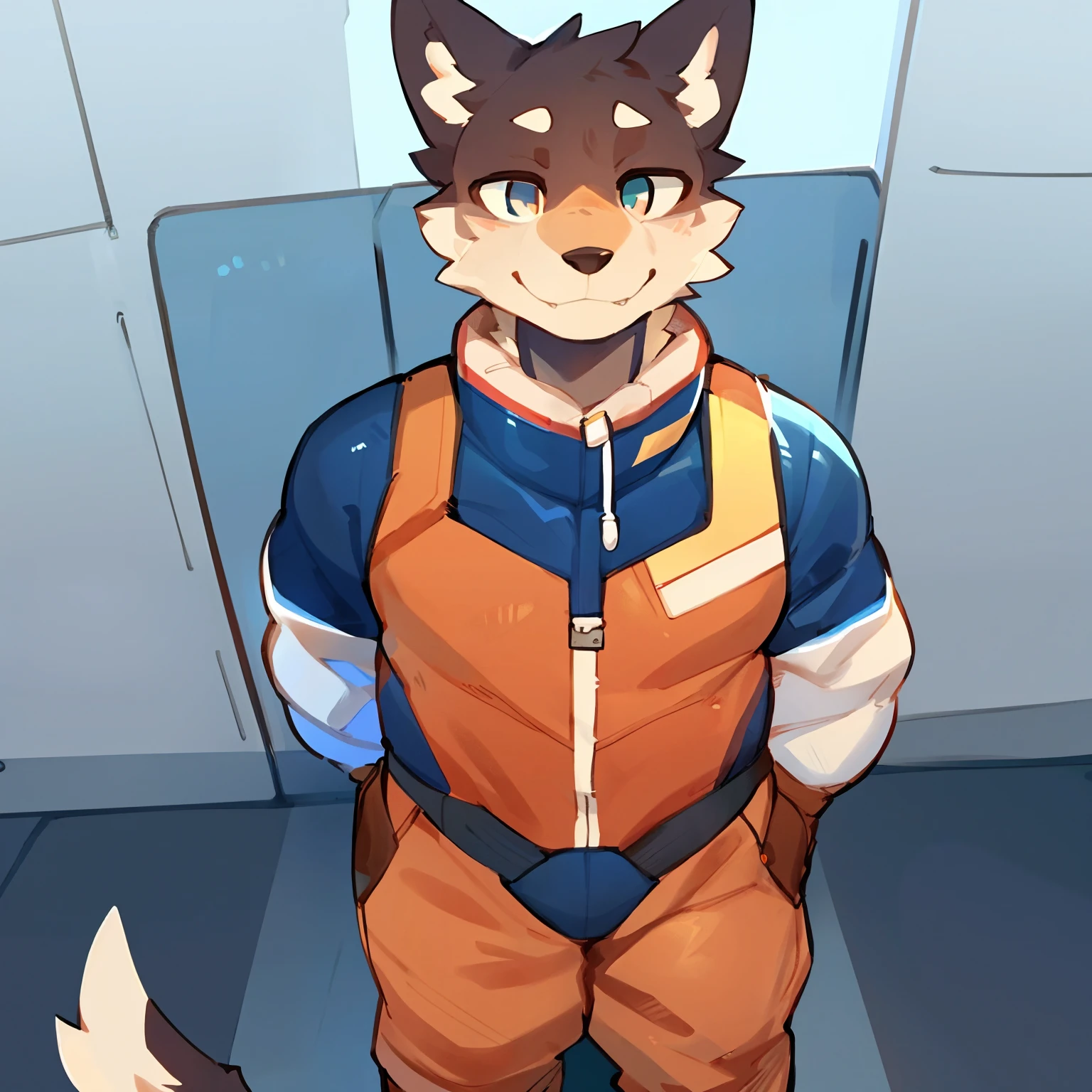 Solo, male, standing, ((snout)), by bigcozyorca, by goonie-san, by bebebebebe, by spikedmauler, facing viewer, canine, spacesuit