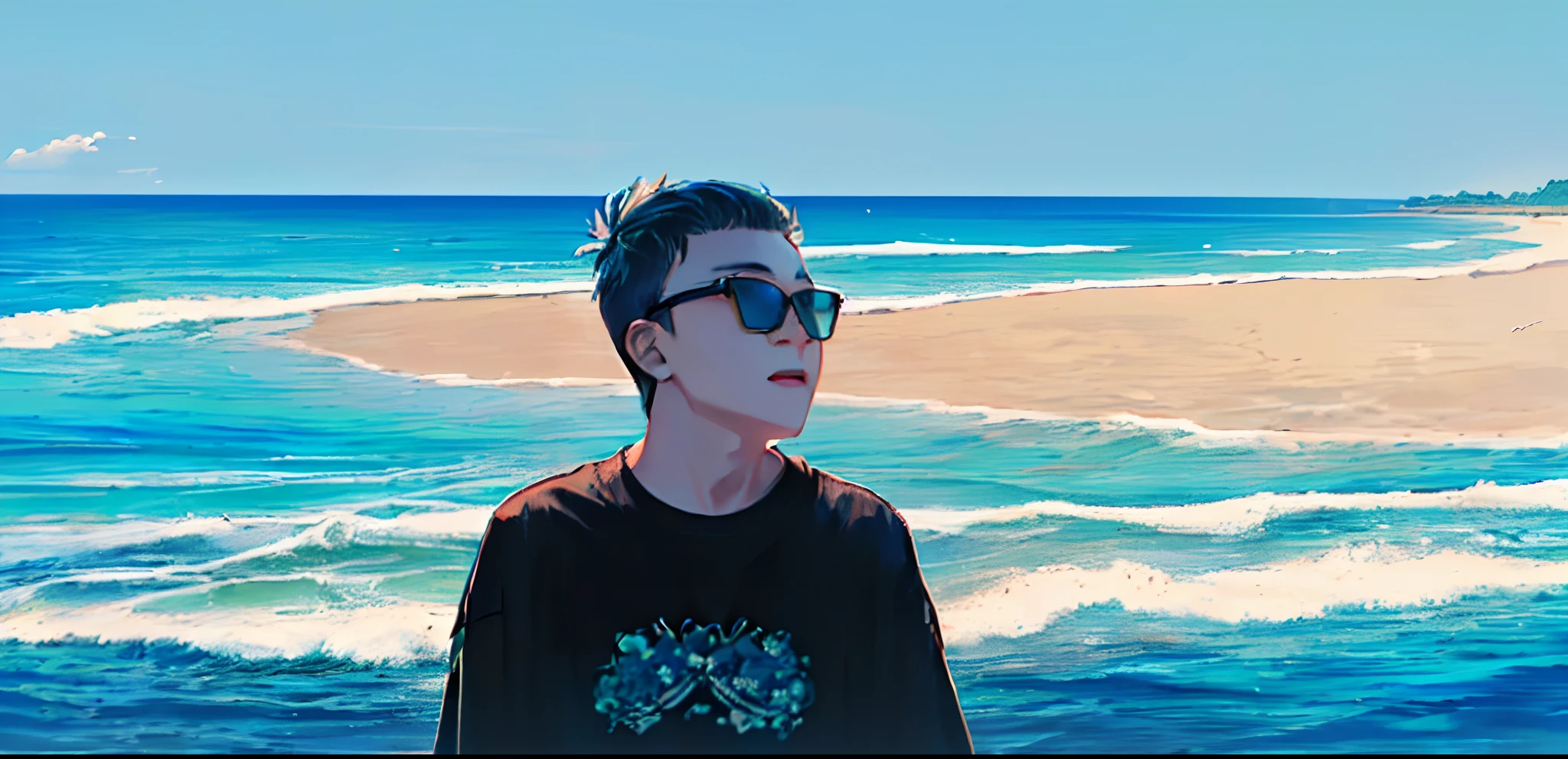 there is a young boy wearing sunglasses, profile picture 1024px, album art, the ocean in the background, hong june hyung, ocean in the background, hyung tae, taejune kim, yanjun chengt, ryan jia, headshot profile picture, profile pic, msxotto, vacation photo, standing near the beach