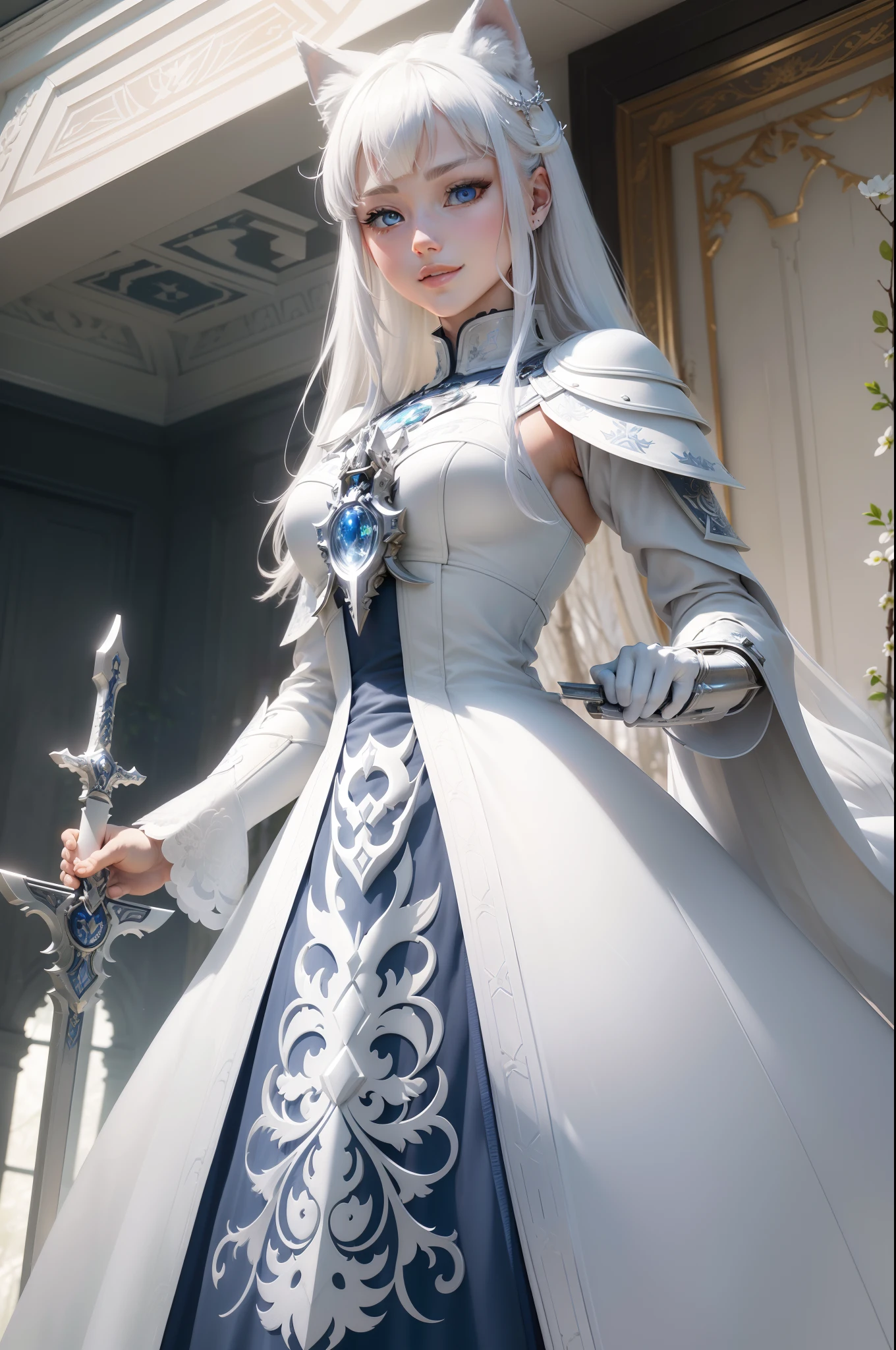 Bright and refreshing space、White is the key.、Smiling kindly、Peaceful、Tiere、Not a person、unmanned、in woods、White Wolf、cyborgs、Metal Wolf、Have a beautiful sword、Shining blue eyes、１bolt、(intricate-detail)、nffsw、(intricate-detail、ultra-detailliert:1.2)、Cinematic shots、vignettes、central