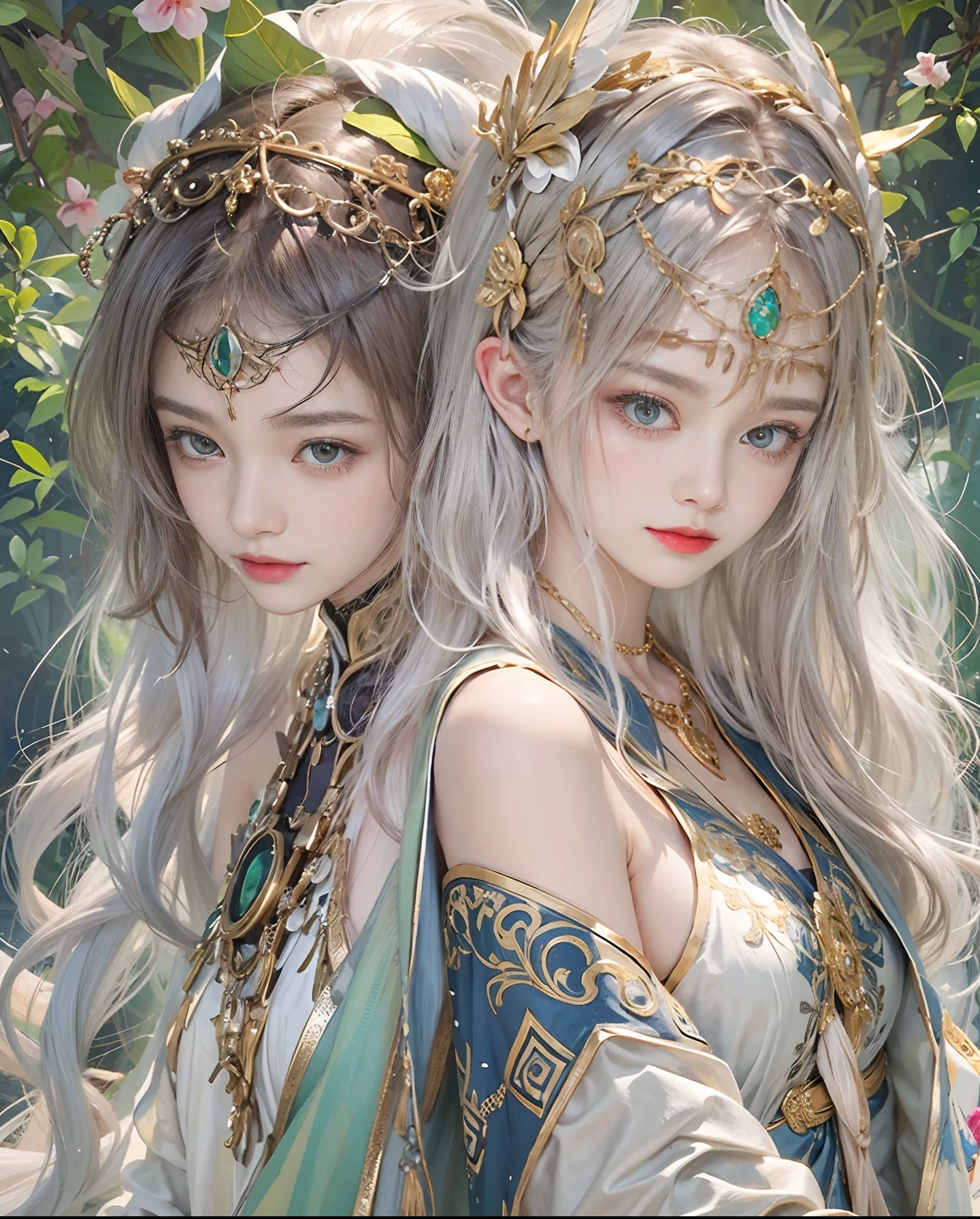 Official art、elvish、highelf、The background is an ancient forest temple、You can see many mysterious landscapes surrounded by many animals.、With two beautiful women in robes with open chests、The costumes of the two are contrasting、PerfectNwsjMajic,(masterpiece、top-quality、top-quality、Official art、Beautifully Aesthetic:1.2)、(2girls)、ighly detailed、colourfull、highestdetailed、Official art、Unity 8k壁纸、ultra-detailliert、Beautifully Aesthetic、Beautiful face in detail、masterpiece、top-quality、(Zentangle、a Mandala、Tangles、Entanglement)、Holy Light、pure、There are also resilient messages, Overcoming and hope. Breasts are small and B size、A slender、The chest is open、Eyes are double(A detailed eye), Beautifully detailed、Hair that flutters in the wind、Beautiful silver hair、beautiful gold hair、Gradient hair color、Hair color is contrasting、Eye color is also contrasting、They are all contrasting beautiful women、high-heels、Gold Anklet、beautifull detailed face、