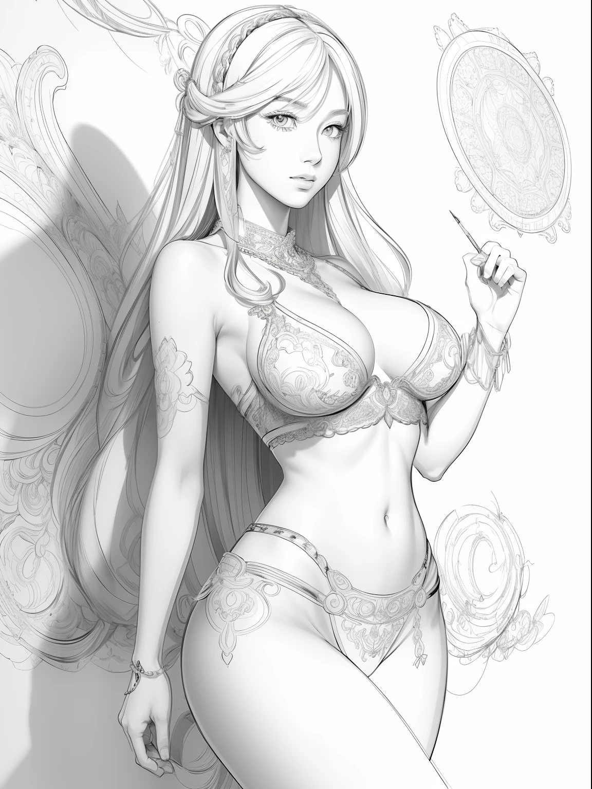 Masterpiece, Long hair, Beauty, Belly pocket, Delicate face portrayal 8kHD, Highest image quality, Crazy detail, portrayal Bubble decoration, Clear and transparent, Rich picture, (line drawing:1.5), (white background:1.4), (coloring book:1.7), (sketch:1.9), (line art:1.9), (extremely intricate:1.2), (monochrome:1.1), (lineart:1.5), by frank cho and Adam Hughes, (bare midriff), (bare shoulders), (bare thighs:0.9), (elegant hands), (toned stomach:1.1), waist chain, belly chains, (thong Crystal Body Chain Jewelry Harness), (nearly naked:1.3), (big breasts:1)
