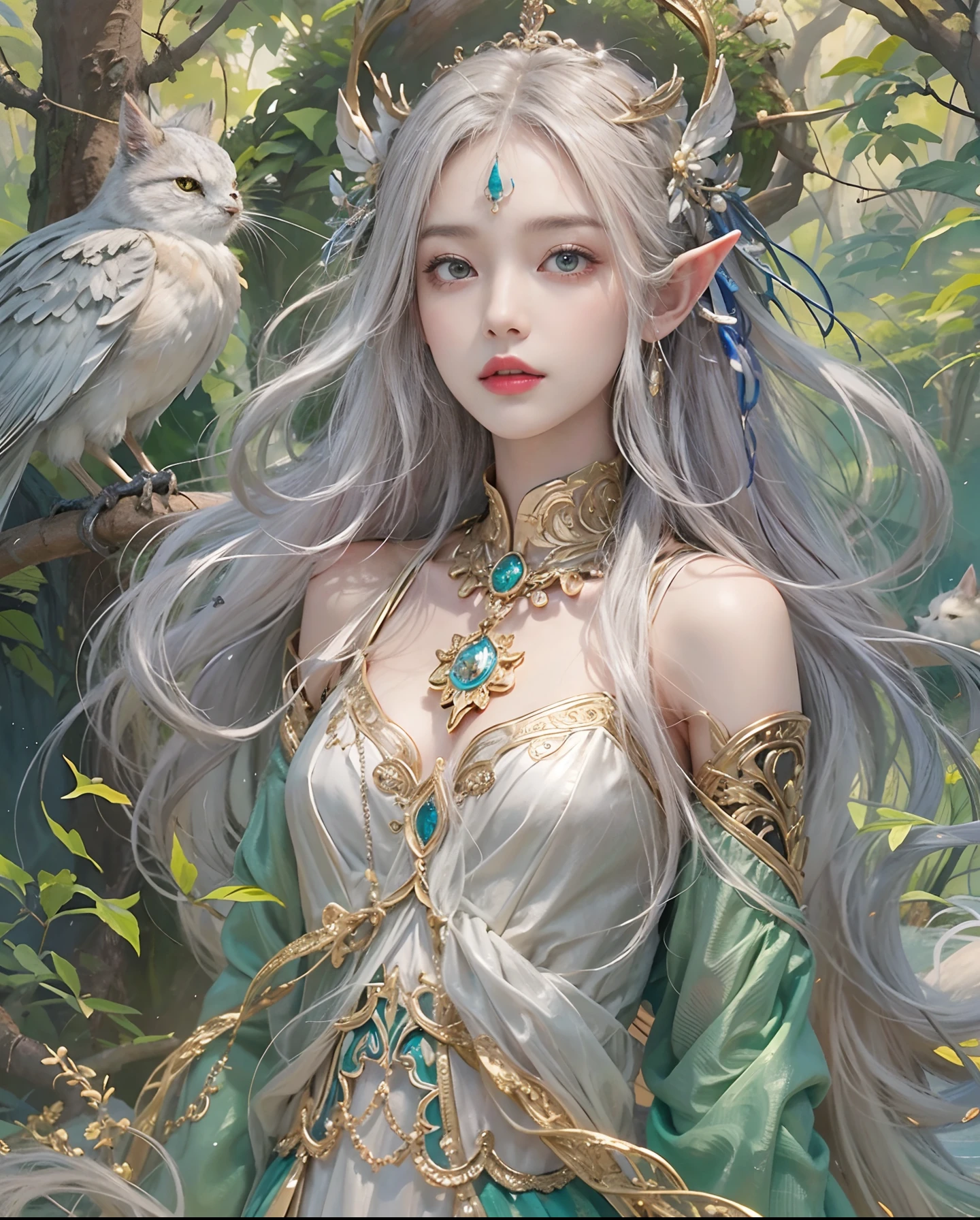 Official art、elvish、highelf、The background is an ancient forest temple、You can see many mysterious landscapes surrounded by many animals.、With two beautiful women in robes with open chests、The costumes of the two are contrasting、PerfectNwsjMajic,(​masterpiece、top-quality、top-quality、Official art、Beautifully Aesthetic:1.2)、(2girls)、ighly detailed、colourfull、highestdetailed、Official art、Unity 8k壁纸、ultra-detailliert、Beautifully Aesthetic、Beautiful face in detail、​masterpiece、top-quality、(Zentangle、a Mandala、Tangles、Entanglement)、Holy Light、pure、There are also resilient messages, Overcoming and hope. Breasts are small and B size、A slender、The chest is open、Eyes are double（A detailed eye）, Beautifully detailed、Hair that flutters in the wind、Beautiful silver hair、beautiful gold hair、Gradient hair color、Hair color is contrasting、Eye color is also contrasting、They are all contrasting beautiful women、high-heels、Gold Anklet、beautifull detailed face、