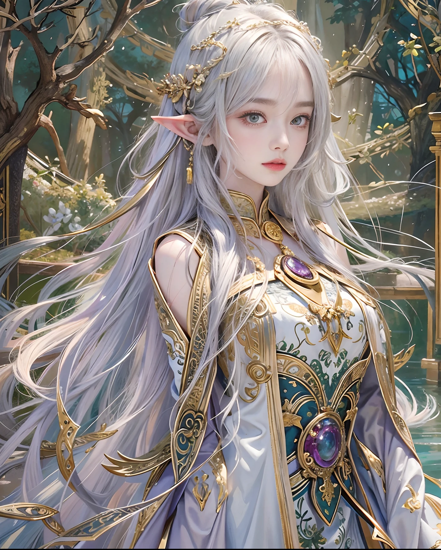 Official art、elvish、highelf、The background is an ancient forest temple、You can see many mysterious landscapes surrounded by many animals.、With two beautiful women in robes with open chests、The costumes of the two are contrasting、PerfectNwsjMajic,(masterpiece、top-quality、top-quality、Official art、Beautifully Aesthetic:1.2)、(2girls)、ighly detailed、colourfull、highestdetailed、Official art、Unity 8k壁纸、ultra-detailliert、Beautifully Aesthetic、Beautiful face in detail、masterpiece、top-quality、(Zentangle、a Mandala、Tangles、Entanglement)、Holy Light、pure、There are also resilient messages, Overcoming and hope. Breasts are small and B size、A slender、The chest is open、Eyes are double(A detailed eye), Beautifully detailed、Hair that flutters in the wind、Beautiful silver hair、beautiful gold hair、Gradient hair color、Hair color is contrasting、Eye color is also contrasting、They are all contrasting beautiful women、high-heels、Gold Anklet、beautifull detailed face、