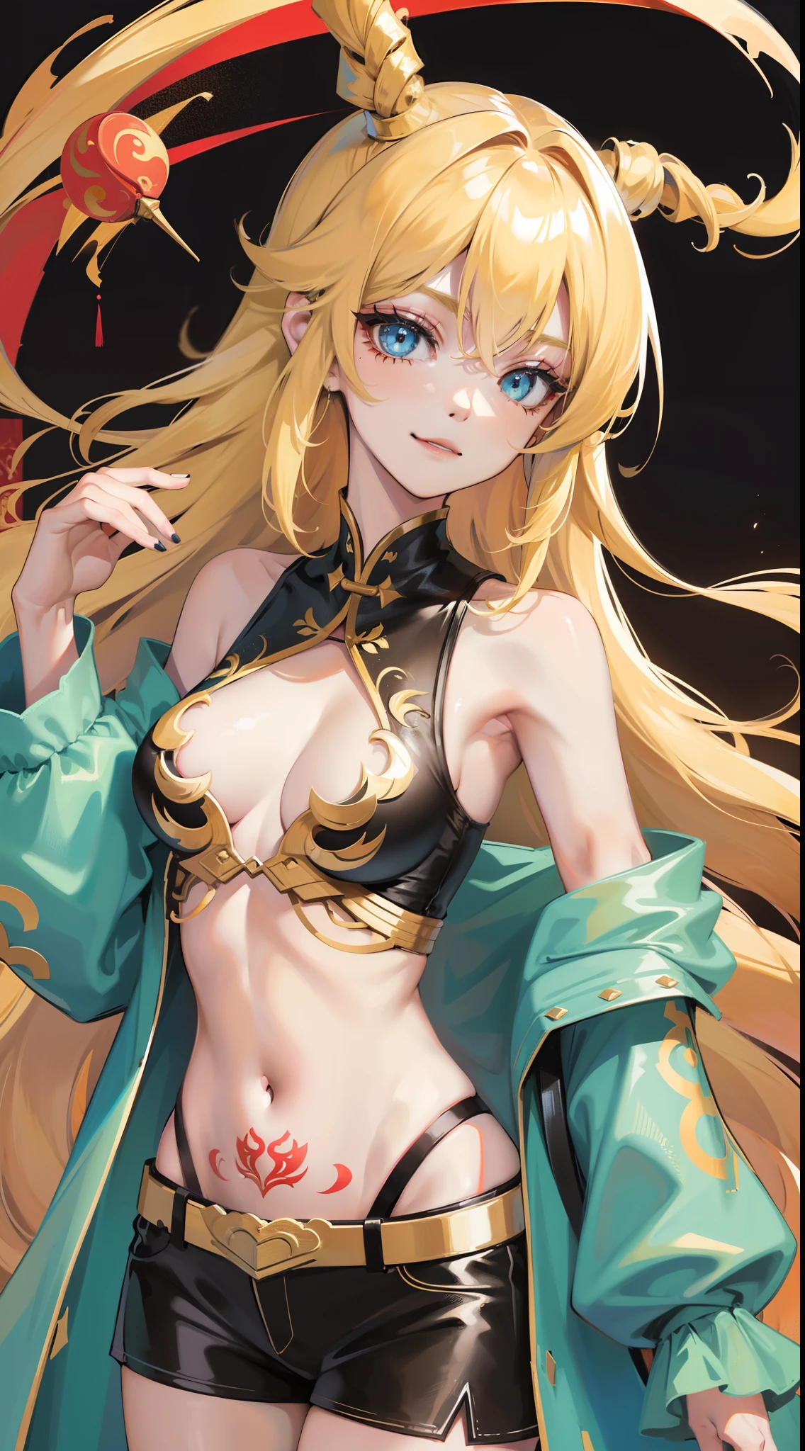 young girl, long blonde hair, Cyan eyes, Tatoo, smirk, Red Chinese Top, Sleeveless, neckline on the chest, open breasts, Gold Elements, Shorts, tmasterpiece, hiquality