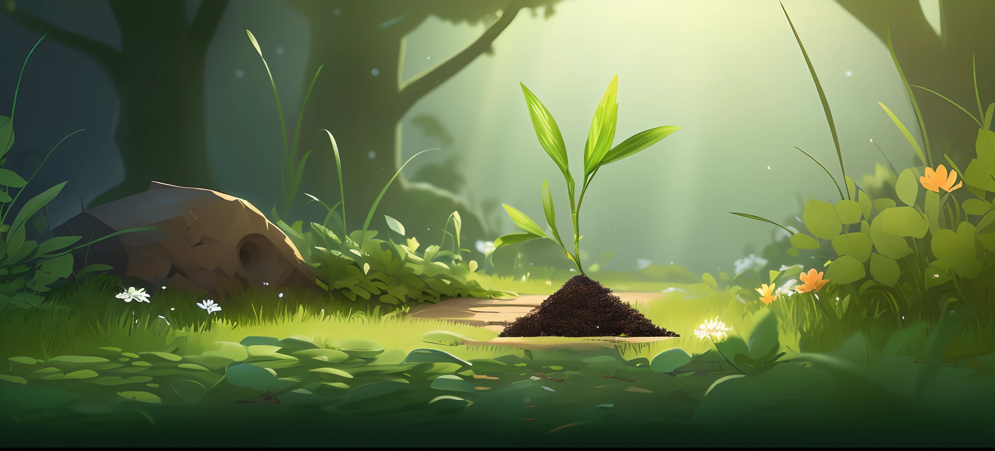 There is a small plant that grows out of the hole in the grass, arte de fundo, background artwork, plants environment, 2 D game art background, game asset of plant and tree, Stylized concept art, 3 d render stylized, Stylized game art, environmentart, stylized vegetation, highly detailed scenario, environment design illustration, rendered illustration, stylized background