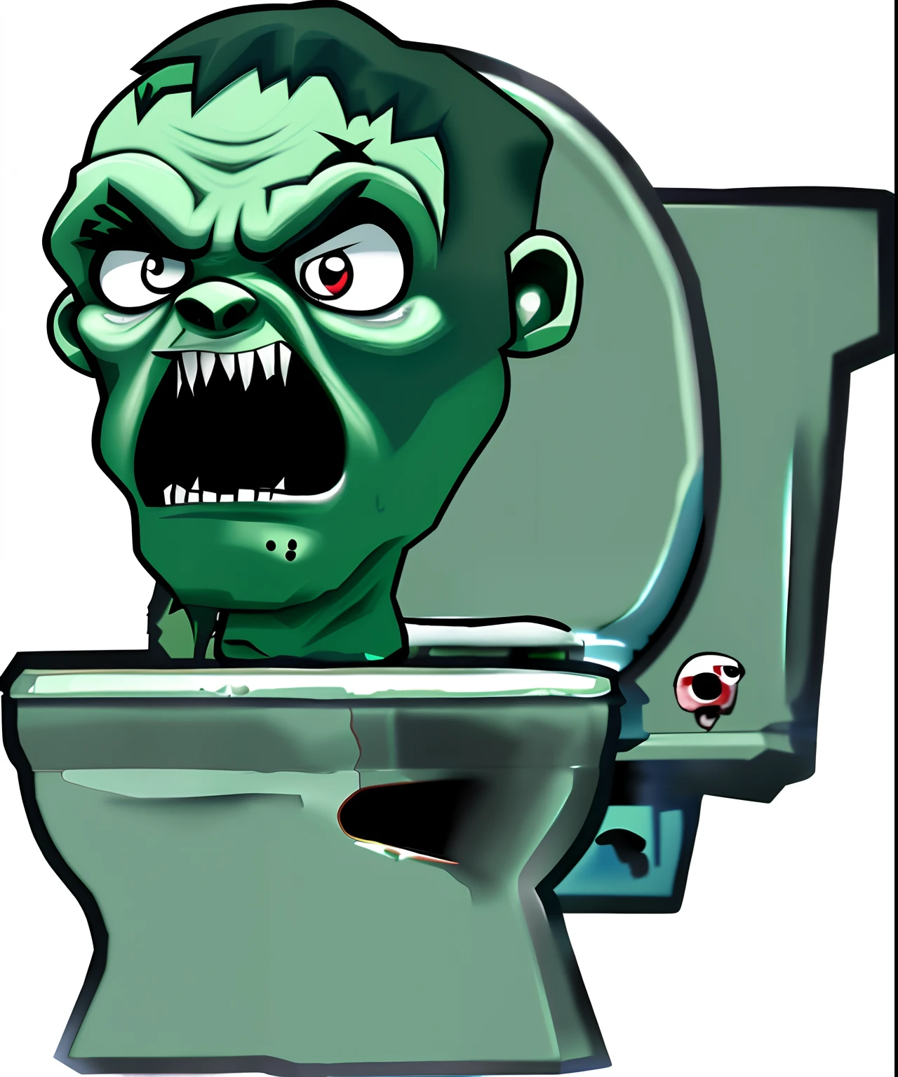 Cartoon image of zombie looking at toilet, toilet, siting on a toilet, green doom guy, scary angry pose, menacing, Head, scaring, sludgy, total, an angry, arrogant, gaming toilet, a disembodied head screaming, Scary, mad, looking threatening, Appalling
