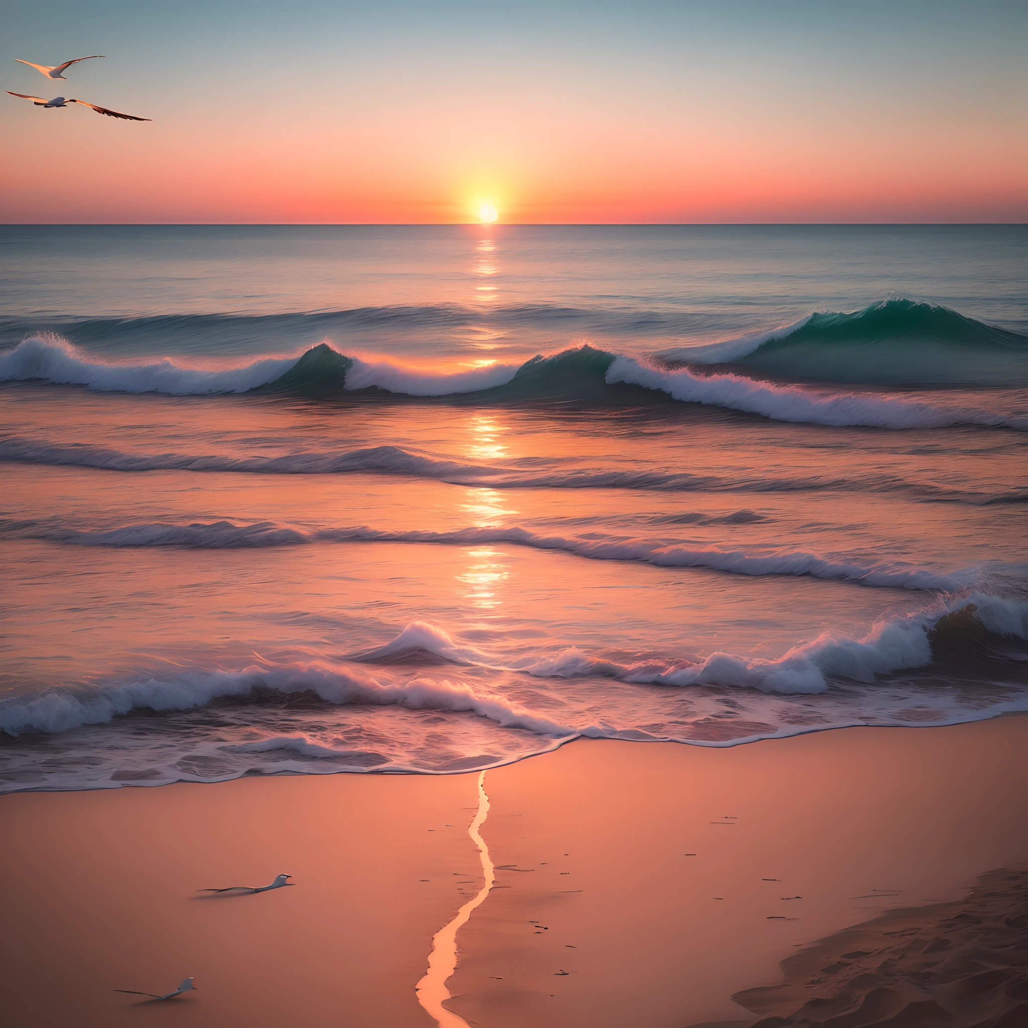 an orange、pink there、Yellow blends to fill the sky、The sunset over the beach is truly mesmerizing。The crystal clear sea gently kisses the shore、White sand beaches stretch everywhere。Seagulls soar high into the sky、It's a dynamic and breathtaking scene。calm atmosphere。