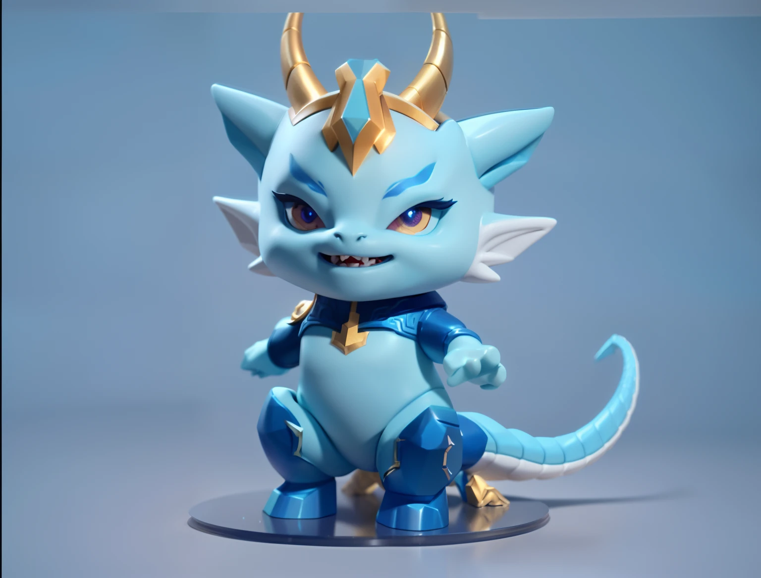 There is a blue and gold dragon statue,There are horns on it, popular on sketchfab, trending on polycount, from league of legends, Aurelion Sol, vinyl toy figurine, as seen on artstation, stylized as a 3d render, 3 d render stylized, stylized stl fantasy miniature, stylized stl, rendered in keyshot