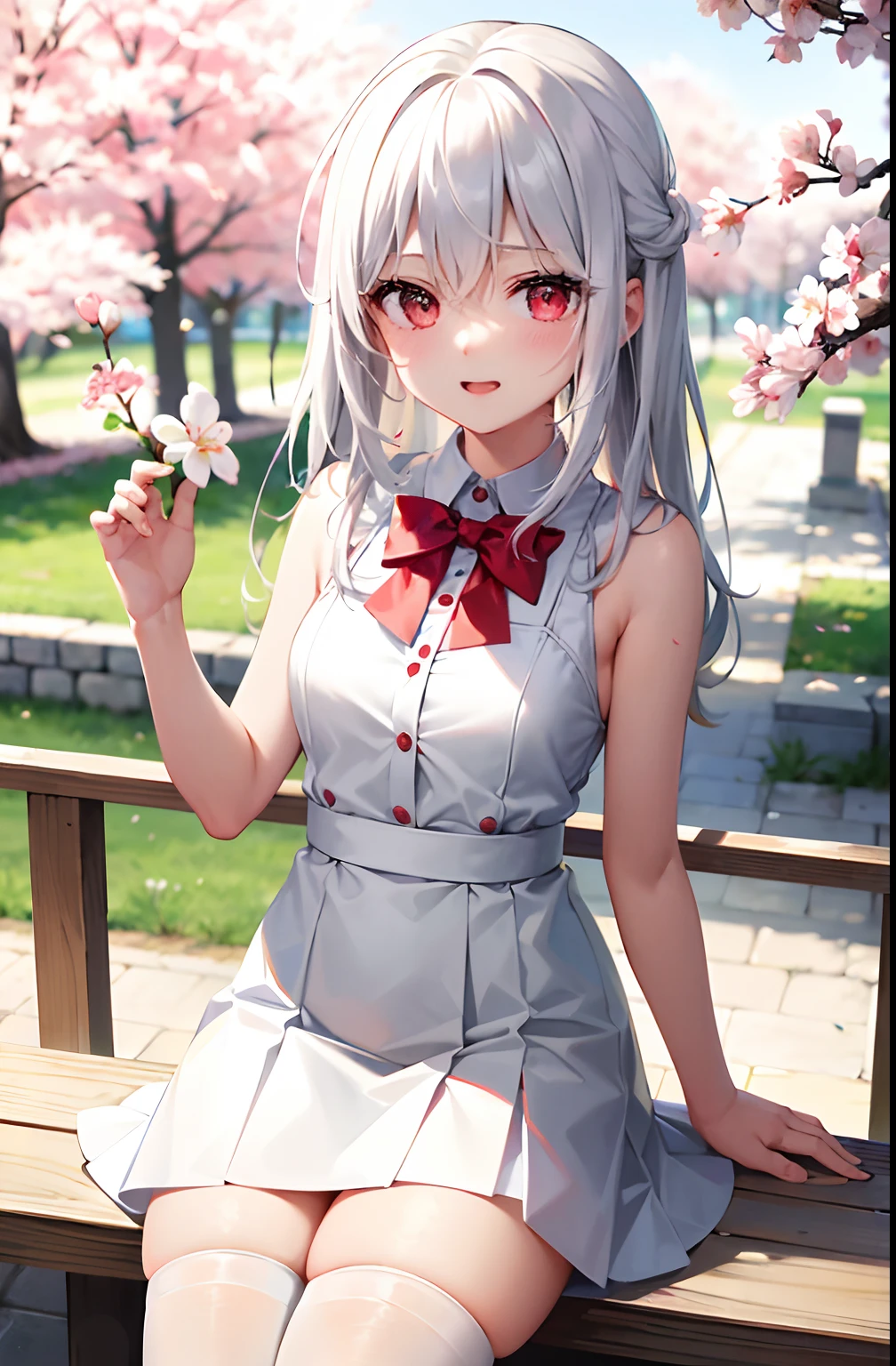 best qualtiy,超高分辨率,Kizi,adolable,white color hair,white skirt,red color eyes,full bodyesbian,It looks like in front of the audience,Cherry blossoms fall around,outside,white stockings