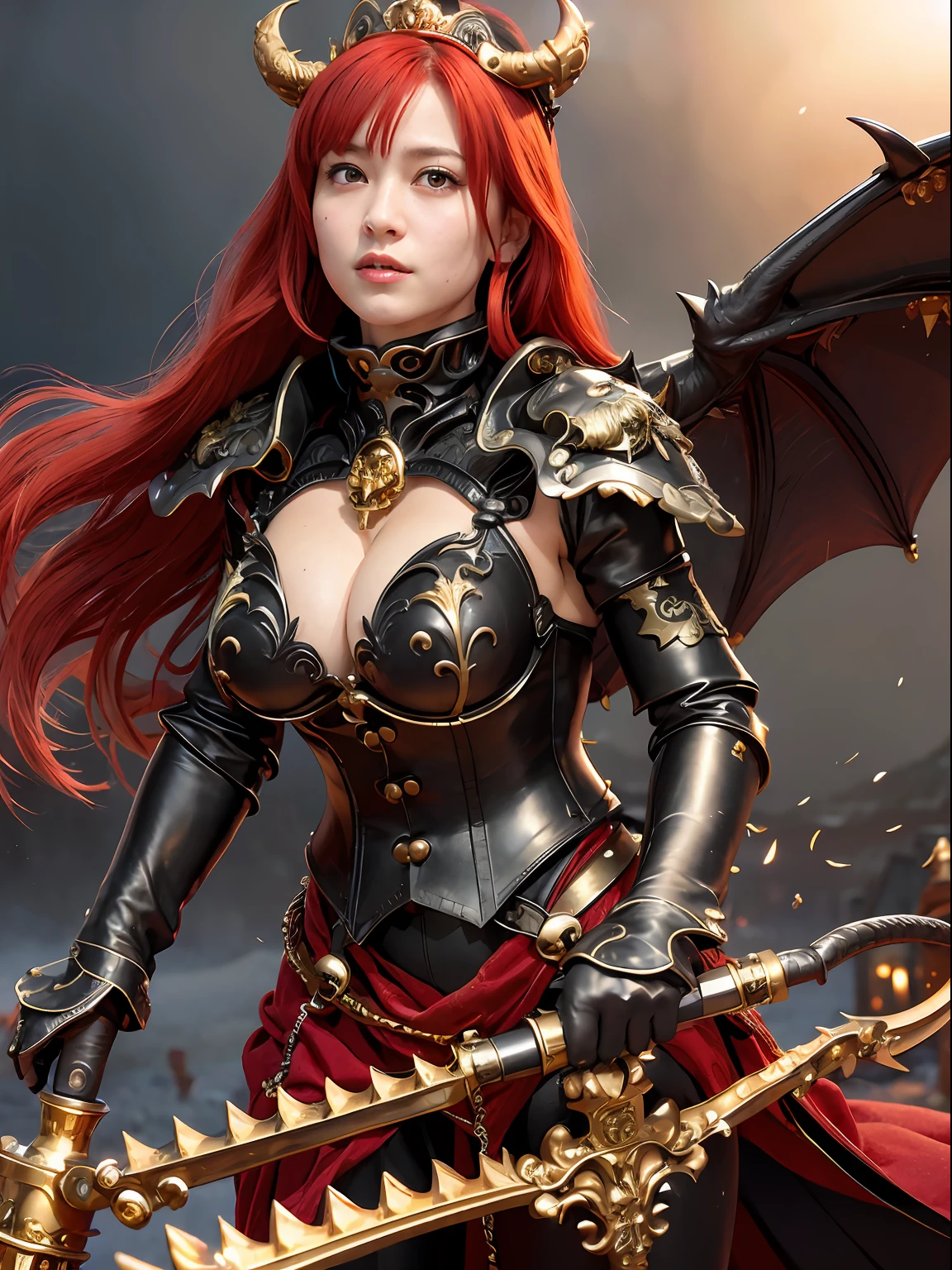 (masutepiece), Professional , ​masterpiece、top-quality、photos realistic , depth of fields （Gemstone Black Metal Body:1.９),(Matte Black、（cleavage of the breast）、Dragon Gold Weapon（Dragon Metal Body:1.４),Gorgeous Silver Weapons ,（（ Dragon's dense and gorgeous sword）） , Beautiful knife   ,warhammer 40k , adepta sororitas,Detail and gorgeous crown、（（Red hair））、（Castle background）、、（（Gangle's forest background））、Beautiful Caucasian beauty、１a person、dynamic ungle,(((Detailed and ornate Black Devil Crown)))、Smaller head、A smile、Castle background、Thin and beautiful female hands、cleavage of the breast、Soldier in iron armor on background、Mystical expression、Light Effects、intense fighting、Wind-effect、magic circles、With the legendary magic wand、（demonic wings）、