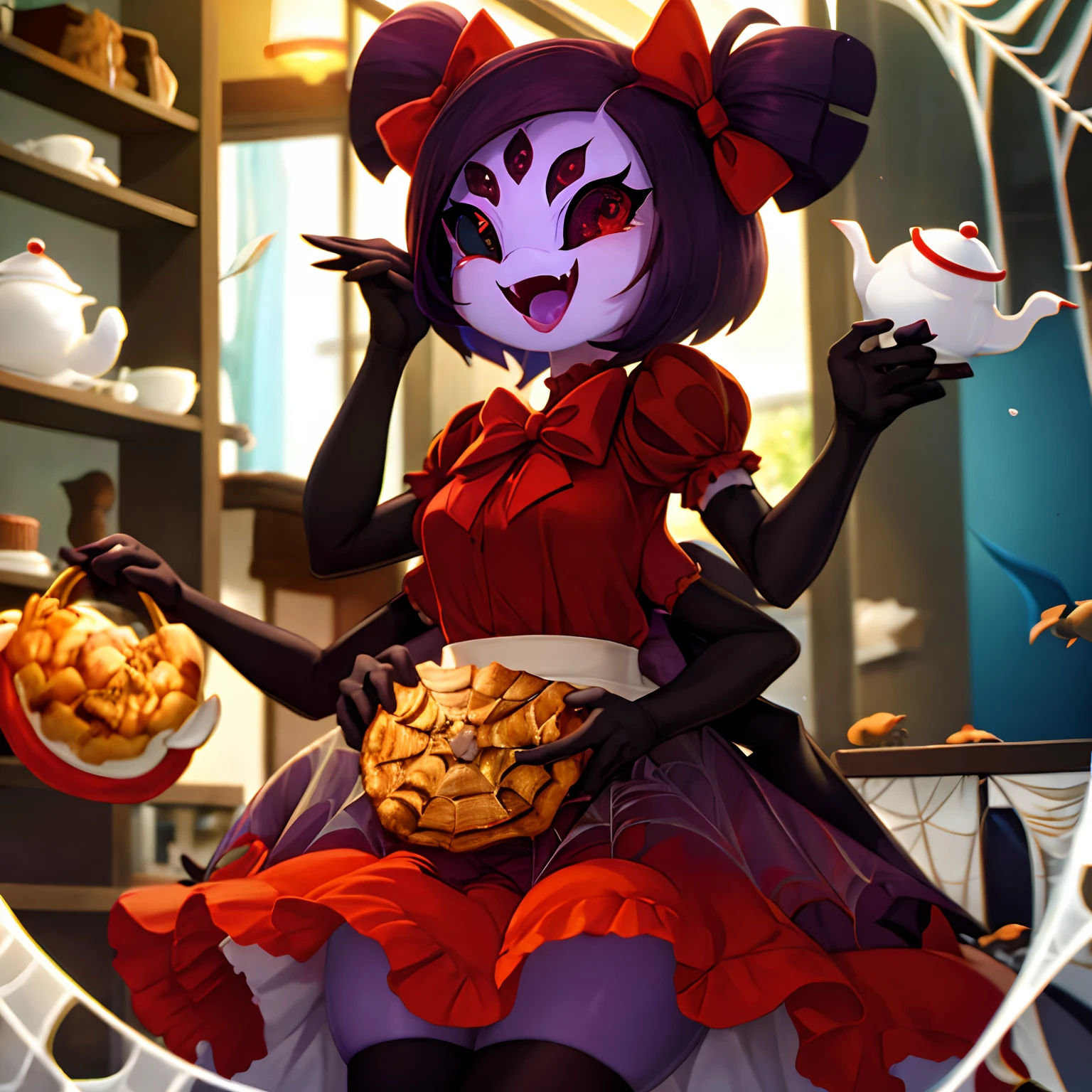 masterpiece, best quality, a beautiful and detailed portriat of muffet,(muffetwear), monster girl,((purple body:1.3)),humanoid, arachnid, anthro,((fangs)),pigtails,hair bows,5 eyes,spider girl,6 arms,solo,smile, clothed, open mouth, awesome and detailed background, holding teapot, holding teacup, 6 hands,detailed hands,((spider webs:1.4)), storefront that sells pastries and tea,bloomers,(red and black clothing),inside,pouring into teacup,wide angle lens, ((fish eye effect)) ,armwear