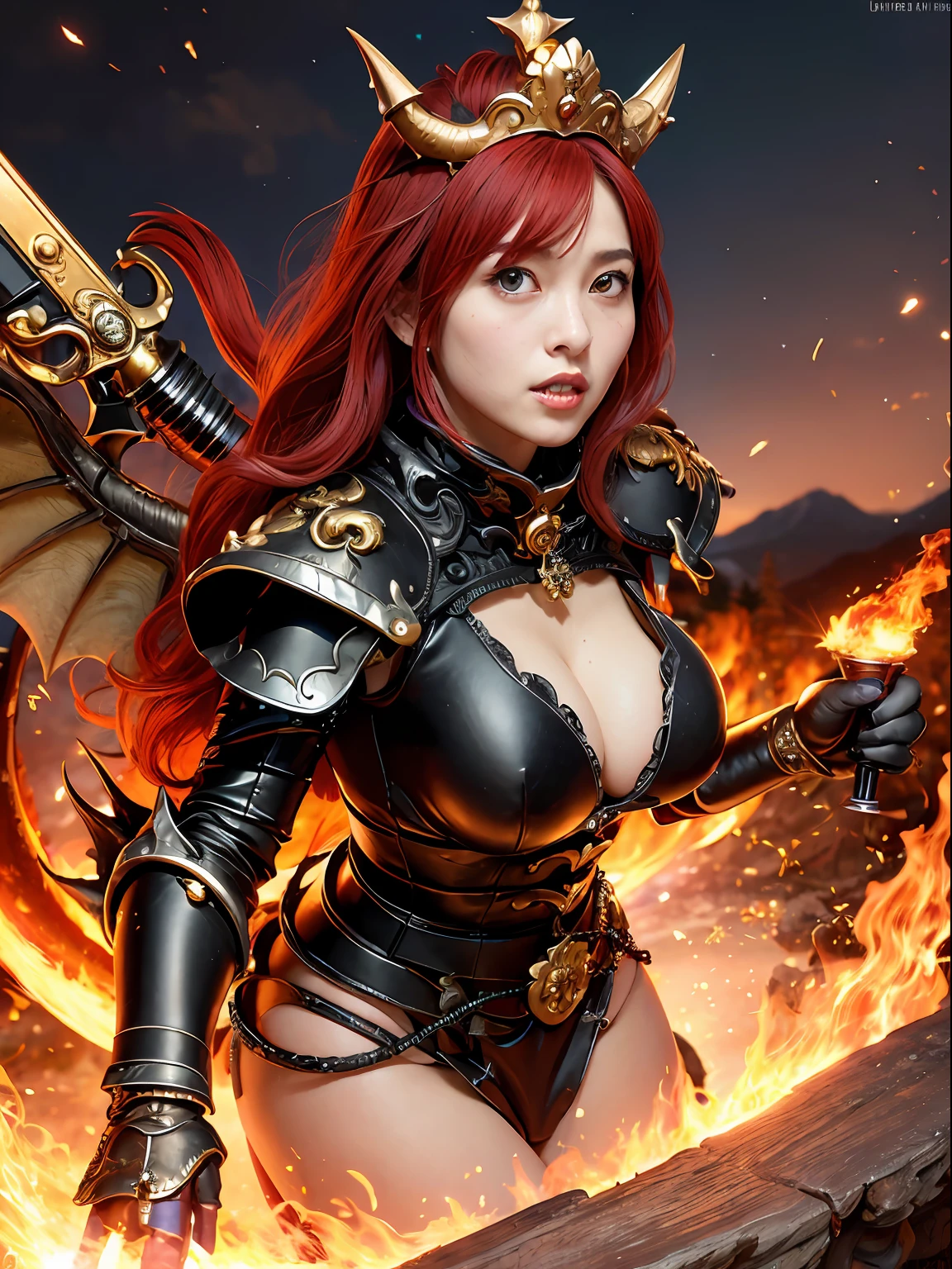 (masutepiece), Professional , masterpiece、top-quality、photos realistic , depth of fields (Gemstone Black Metal Body:1.9),(Matte Black、(cleavage of the breast)、Dragon Gold Weapon(Dragon Metal Body:1.4),Gorgeous Silver Weapons ,(( Dragon's dense and gorgeous sword)) , Beautiful knife ,warhammer 40k , adepta sororitas,Detail and gorgeous crown、((Red hair))、(Castle background)、、((Gangle's forest background))、Beautiful Caucasian beauty、1a person、dynamic ungle,(((Detailed and ornate Black Devil Crown)))、Smaller head、A smile、Castle background、Thin and beautiful female hands、cleavage of the breast、Soldier in iron armor on background、Mystical expression、Light Effects、intense fighting、Wind-effect、magic circles、With the legendary magic wand、(demonic wings)、
