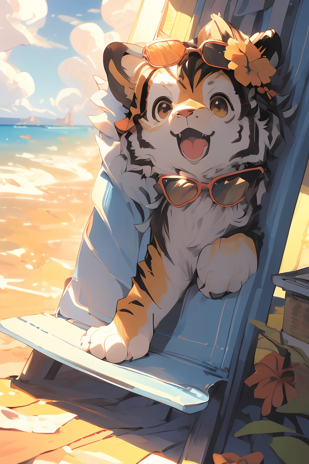 (masutepiece:1.2), top-quality, pixiv、a tiger、Lunette de soleil、the beach、Tropical juices、relax、Beach chairs、Fantz Cartoon(creature:0.5)|(tiger:0.5)designs、ultra-detailliert、Random colors、Aloha shirts、