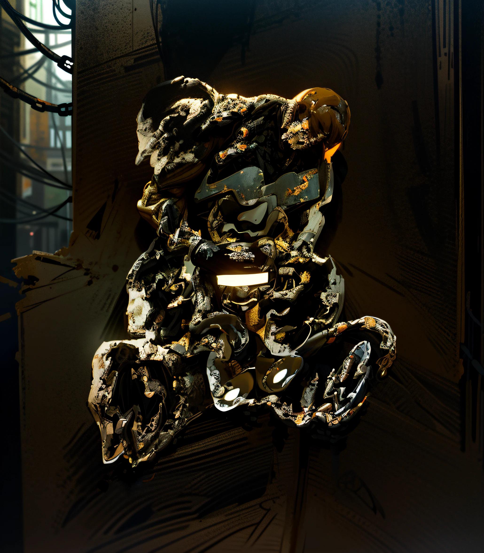 Dark_Fantasy,Cyberpunk,(chain saw,chain saw man,Red:1.1),1man,Mechanical marvel,Robotic presence,Cybernetic guardian, wearing a worn-out mech suit, intricate, (steel metal [rusty]), elegant, clear focus, shot by greg rutkowski, soft lighting, vibrant colors, masterpiece, ((street)), cowboy shot, dynamic pose,