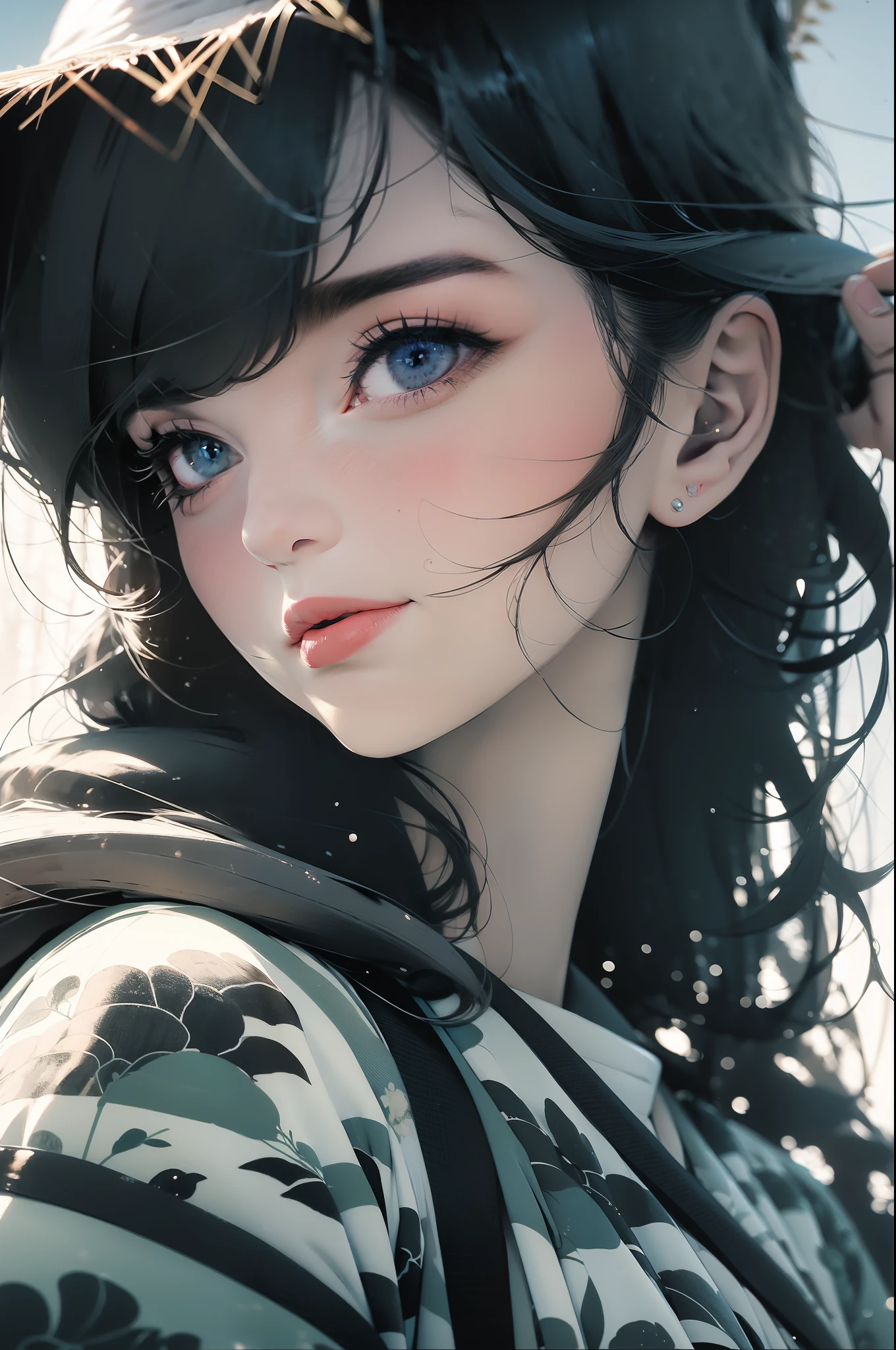 best quality, masterpiece, black hair, blue eyes, looking up, upper body