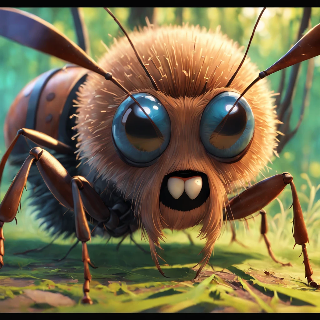 ant with a big beard lumberjack s style, 3d, 8k, highly detailed, digital painting, , illustration, art, 3d style pixar animation, big eyes, friendly, golden brown color ant