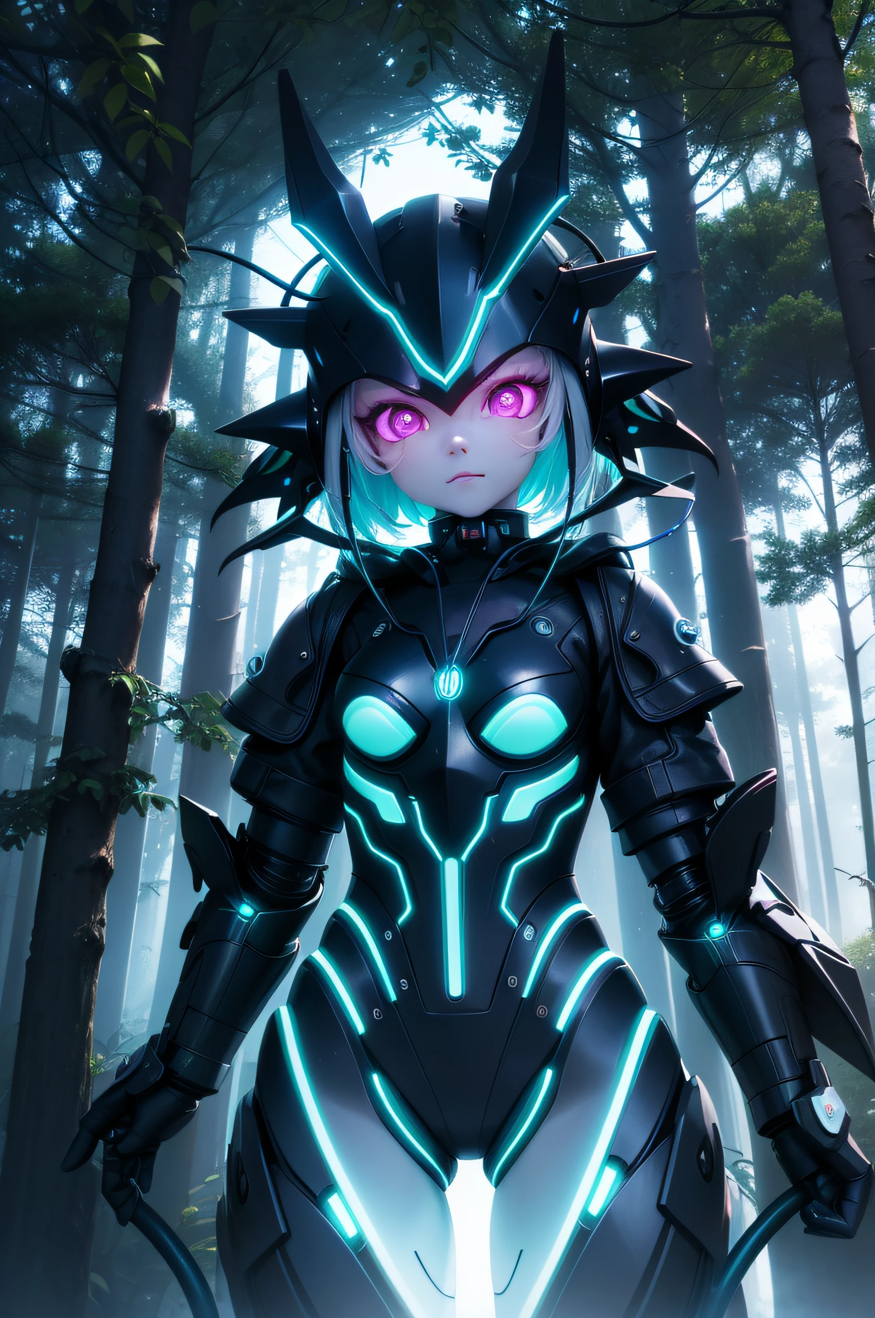 ealistic cinematic photography, cute fantasy creature made of neon led cables wires. Cybernetic creature. On a futuristic forest. Big cute eyes. Playful attitude. A twist of fantasy and matrix. --style raw 50 --s 2