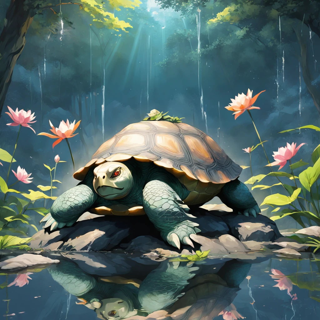 Turtle head granite statue sprays water(Xuanwu in Chinese mythology),The statue is imposing,Very exquisite,Below is the pond,Lots of lotus leaves,lotuses