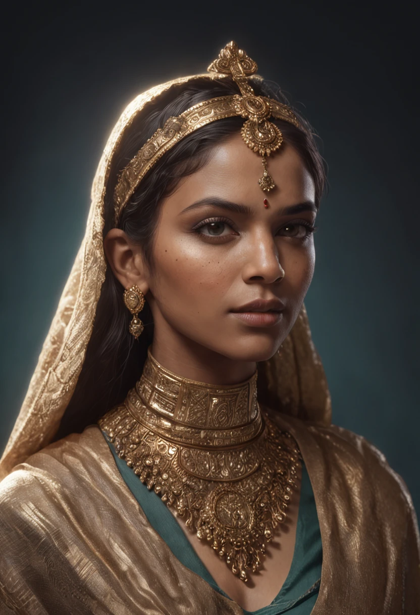 futuristic portrait of a female Indian doctor with golden hair, symmetry, depth of field, intricate, elegant, highly detailed, digital painting, art station, concept art, smooth, sharp focus, illustration, as imagined by Greg Rutkowski and borris vallejo