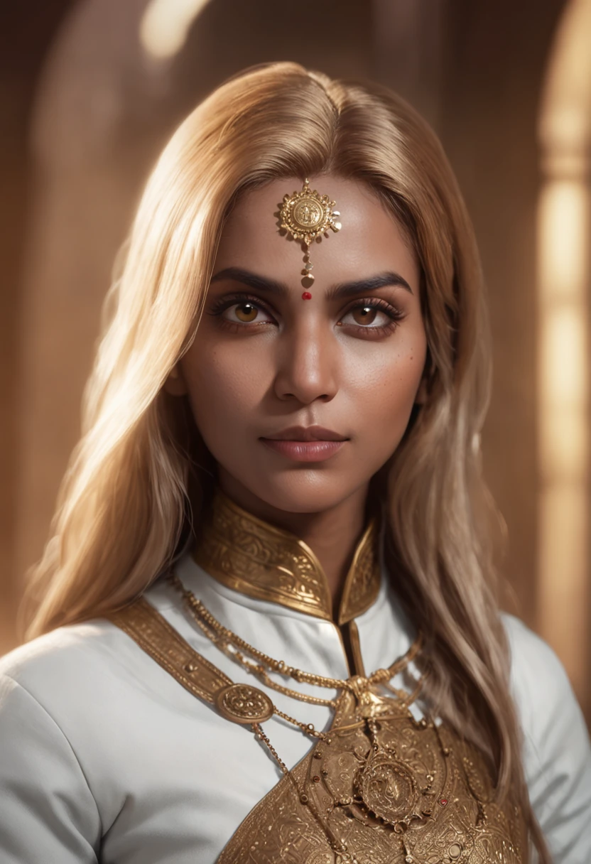 futuristic portrait of a female Indian doctor with golden hair, symmetry, depth of field, intricate, elegant, highly detailed, digital painting, art station, concept art, smooth, sharp focus, illustration, as imagined by Greg Rutkowski and borris vallejo