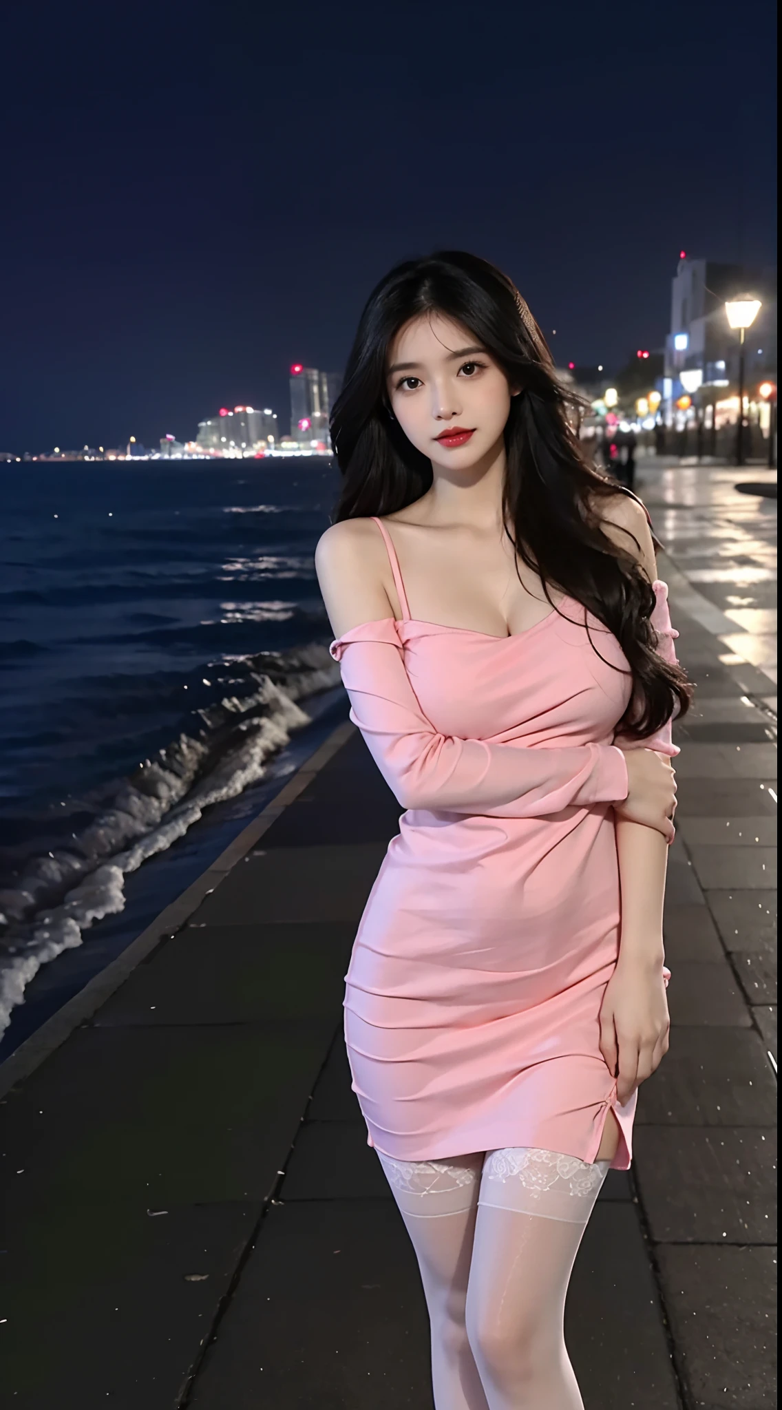 facing at camera，face to the viewer，standing on your feet，High picture quality，Works of masters，Kizi，Black hair，Long hair shawl，Long hair flowing over the shoulders，cropped shoulders，鎖骨，exquisite face，Hydrated red lips，Pink dress，Hosiery，Expose calves，鎖骨，facing at camera，Single photo，Hosiery，A sad expression，Bust，Real Persono，（the sea，sandbeach），CG rendering，16k，looks into camera，The night view was beautiful，A sad parting，hyper HD，The details were perfect，The picture is real，Extreme picture quality，Highest accuracy，8K resolution，Shades of darkness，8K, Yes ,Ultra HD,8K