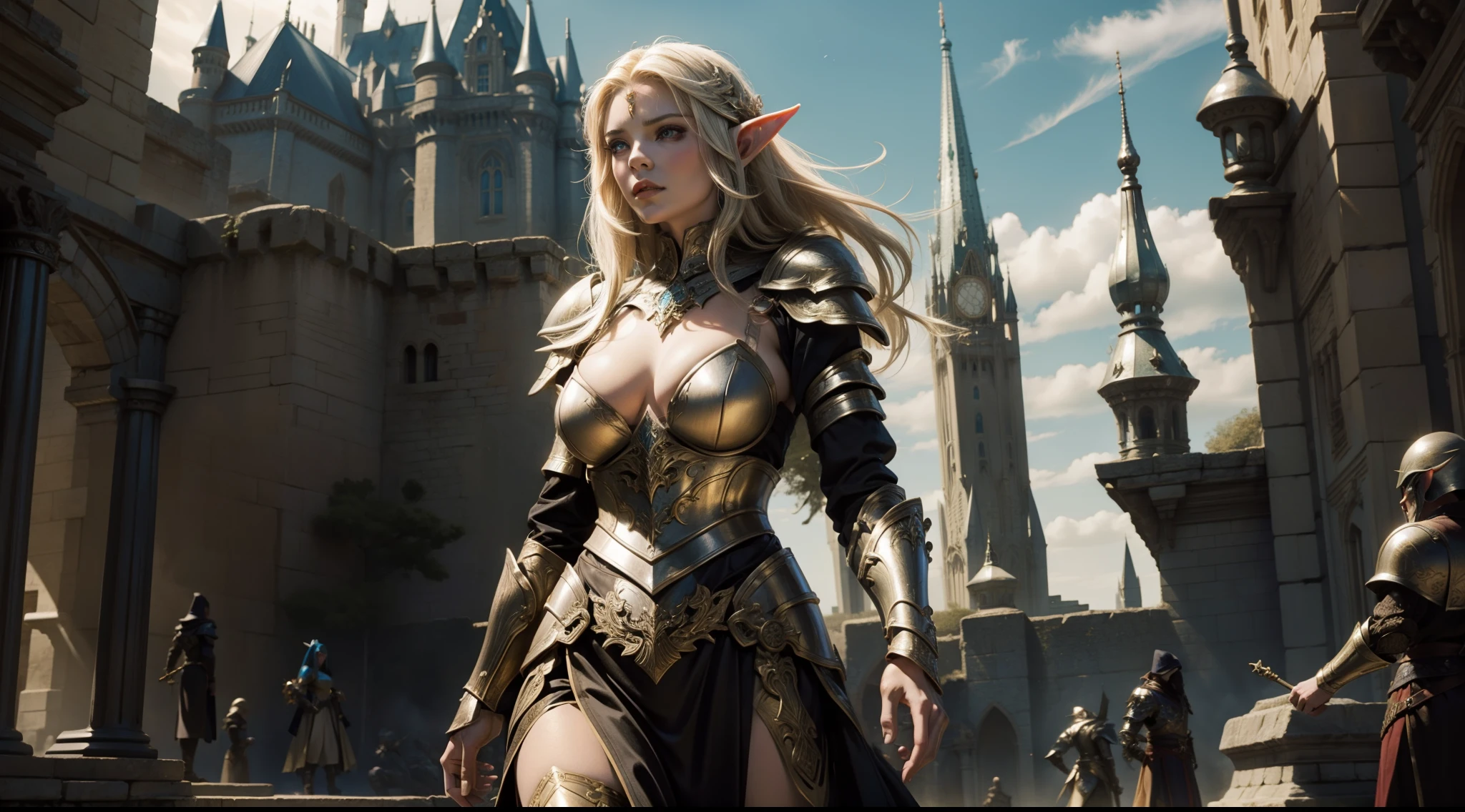 Female elf,Large breasts,Gorgeous armor,dramatics,dynamicposes,The background is the castle
