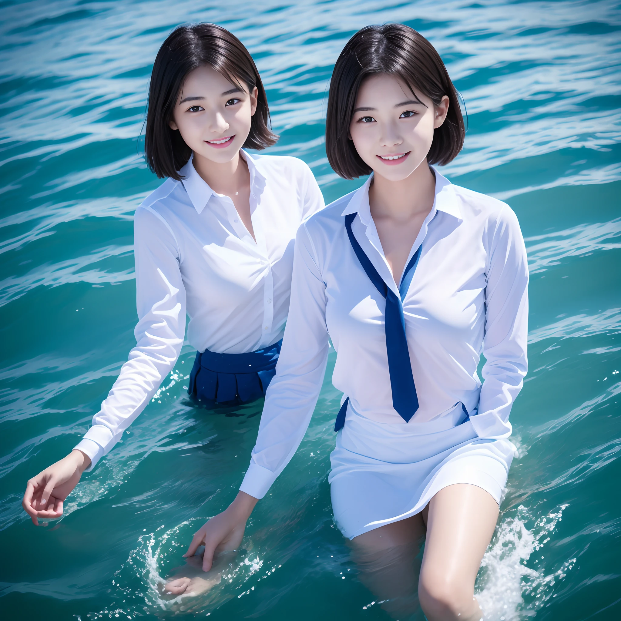 Beautiful high school student wearing school uniform by the sea,Super high value,extra very short hair,Delicate hair,Fair face and skin,Hanging water droplets,Happy playing in the water,Large breasts,Chest hyperexcion,perfect body figure,The sea is crystal clear