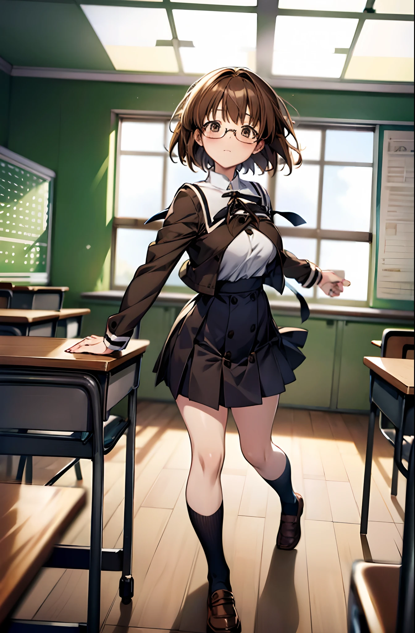 solo, (((anime girl with short brown hair))), (glasses), (hazel eyes), shy, school uniform, skirt, ((classroom in background)), ((high quality)), (extremely detailed)