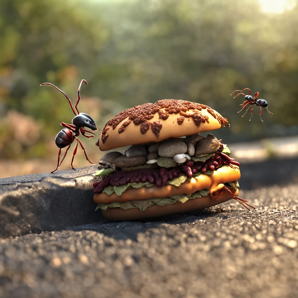 Ants carrying a burger down the road,There is a burger on the road,Ants walking on the road,magic hour,Photorealistic rendering,The is very detailed,tmasterpiece,Miniatures