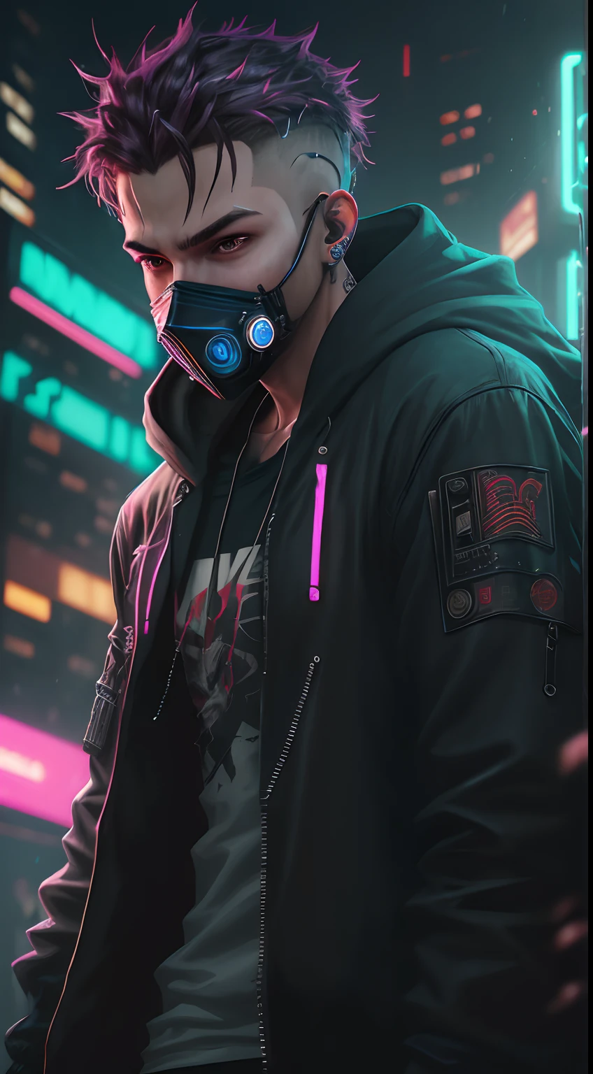 The Young Man in the Hood, face mask, Neon ring in the background, cyberpunk artstyle, Cyberpunk style, Cyberpunk style, cyberpunk character, hyper realistic cyberpunk style, The color of cyberpunk, Powerful lighting, Motion Synchronization, Dynamism, Charged energy, Hot action