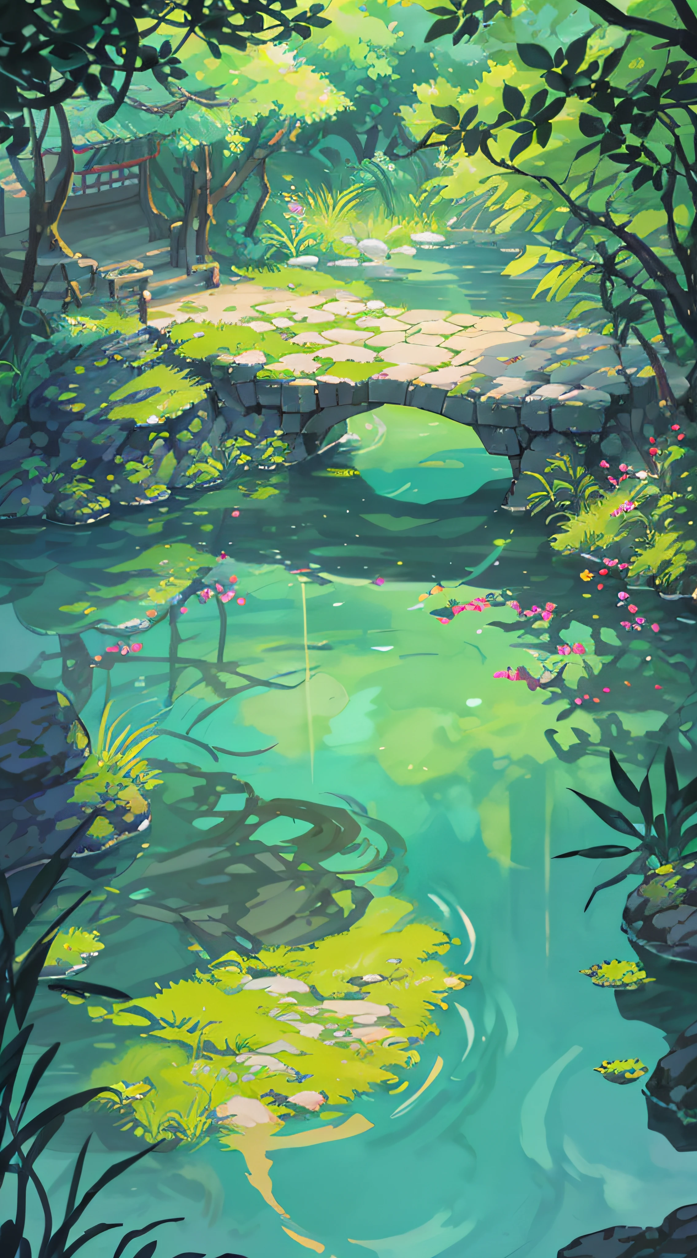Chinese ancient times, spring, jungle, lake, cave, waterfall, tree, meadow, rock, deer, hot spring, water vapor, (illustration: 1.0), epic composition, realistic lighting, HD details, masterpiece, best quality, (very detailed CG unified 8k wallpaper)