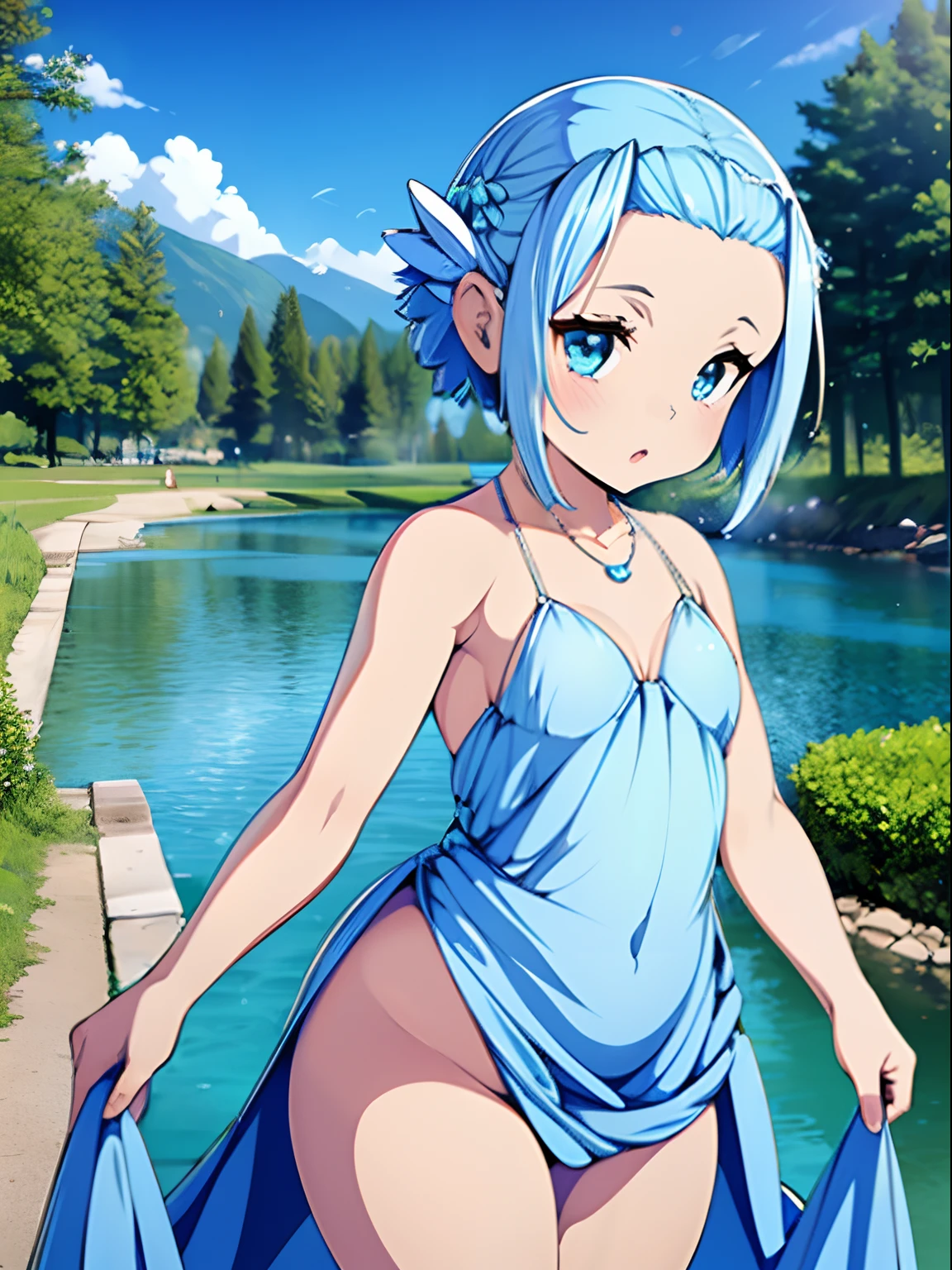 (((petit corps))), Water Fairy, fairy girl, mignonne, water fairy wings, textured breasts, puffy lips, Blue lipstick, cheveux bleu azur, cheveux court, (yeux bleus), sein minuscule, Sunny white dress, Wet dress, robe transparent , rubans dans les cheveux, Regard aimant, superbe face, vie nocturne, promenades dans un lac, Forest in the background