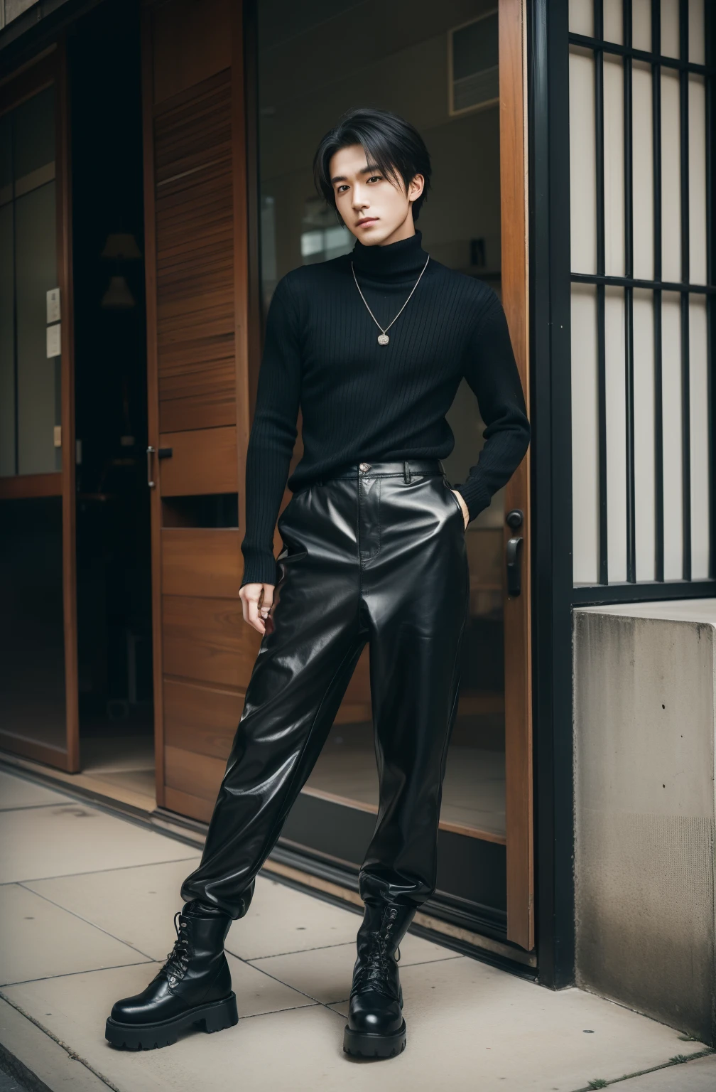 Portrait of a 25-year-old Japan man。Casual style for autumn and winter that brings out a modal personality。Hairstyle is short、It has a texture.。Hair color is black。Black Turtleneck Knit Top。Wide pants with plaid bottoms。Black leather boots on feet。Accented with a necklace。