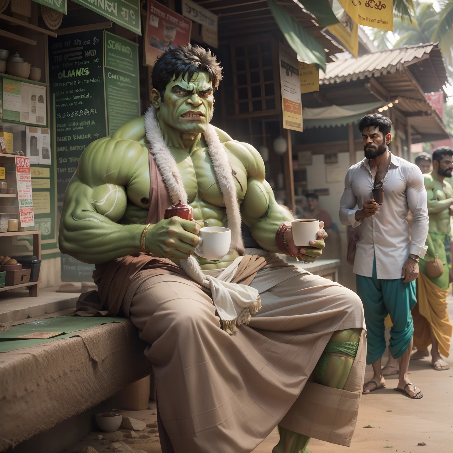 Hulk, wearing a kerala mundu(dhoti), drinking chai, from a chai shop in kerala