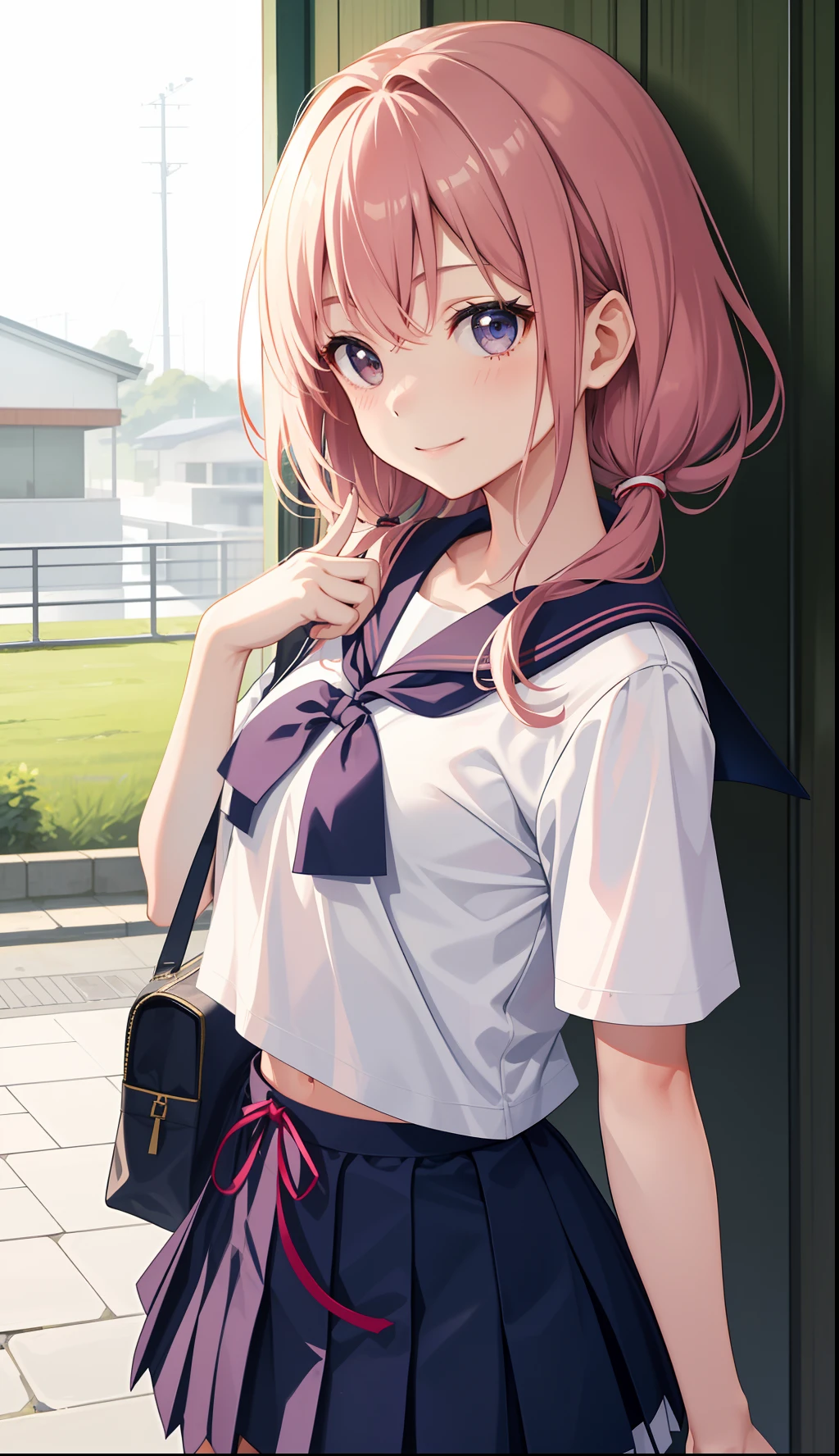 1girl in、A smile、The shirt、skirt by the、(small tits)Chilarism、Japan High School Student Uniform、serafuku、summer clothing、(Sheer Bra)、Upper body portrait、Dynamism!!Running with the wind、