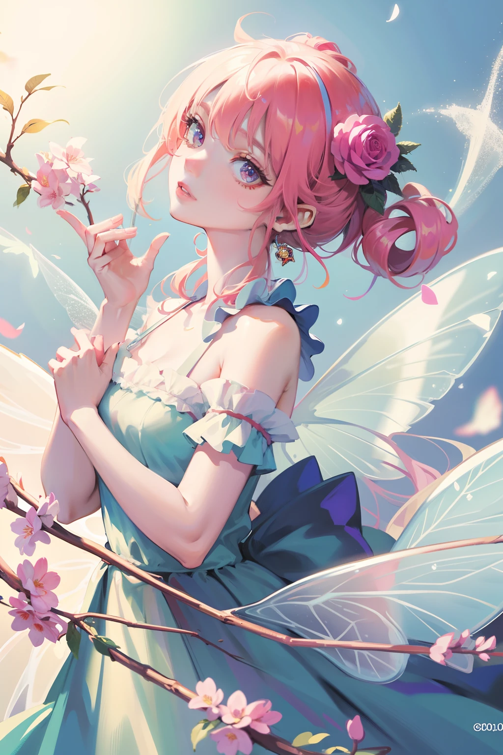 Flower fairy, transparent colorful wings, magic wand, forest, flowers, butterflies, sunlight，Best quality, cinematic lighting and shadow