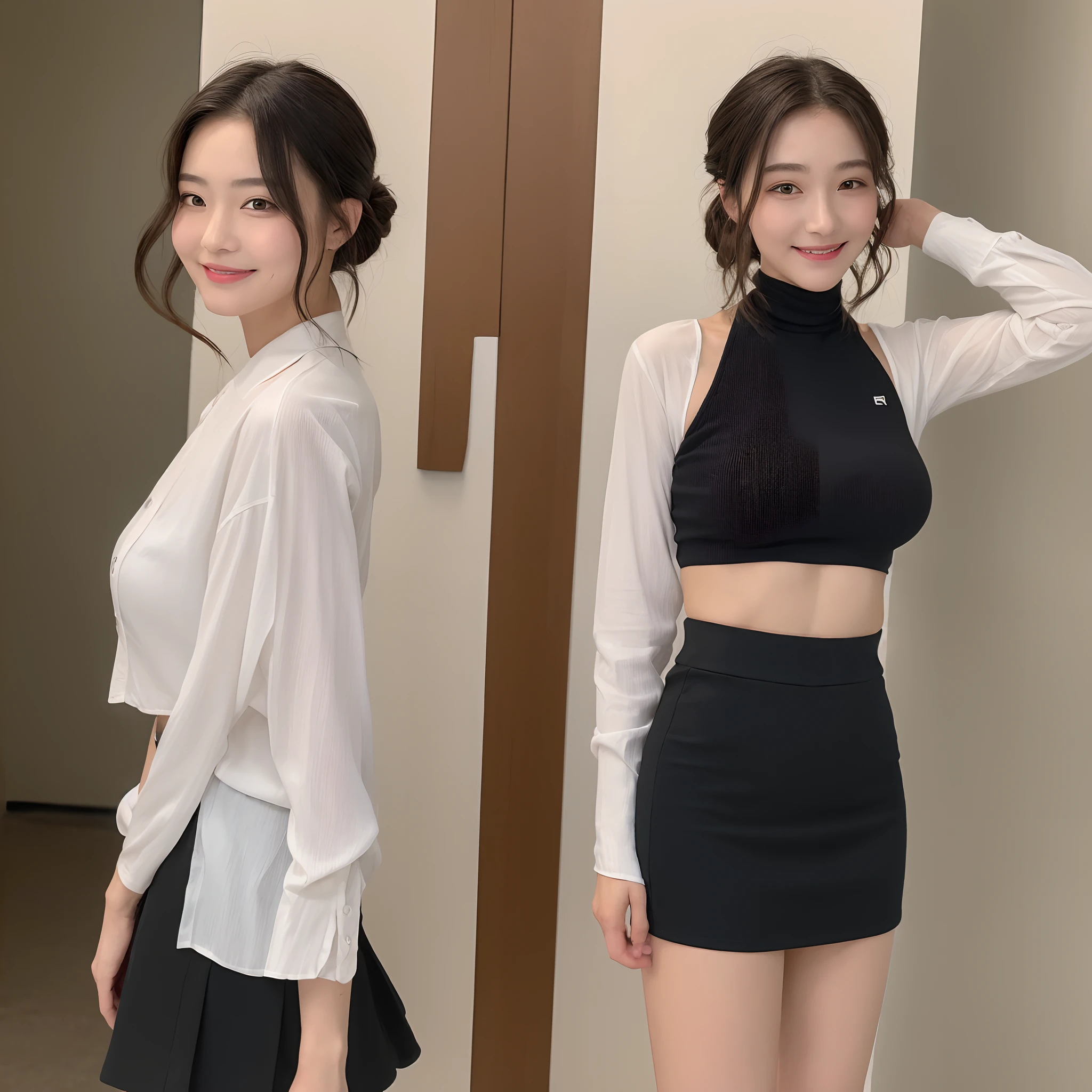 ((Best Picture Quality, 8k, tmasterpiece:1.3)), 1girl, Beautiful woman with slender abs:1.3, (Casual hairstyle, Big breasts:1.2), black short skirt:1.1, Ultra-fine face, A detailed eye, 二重まぶた,ssmile,Home