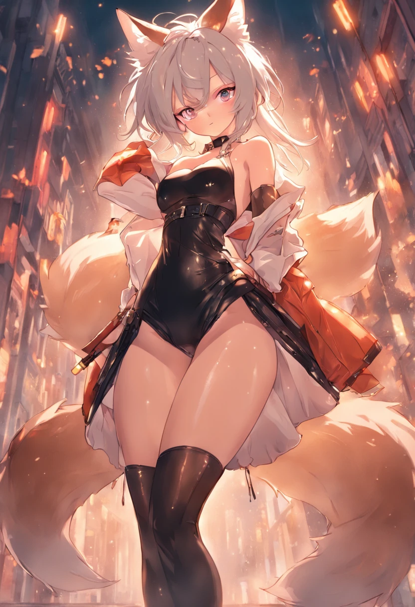one woman, fox ears, fox tail, silver hair, green eyes, big breasts, leather, see-through, pantyhose, leather dress, bodysuit, mature lady, tall person, wide hips, big ass, sexy, mature, anime