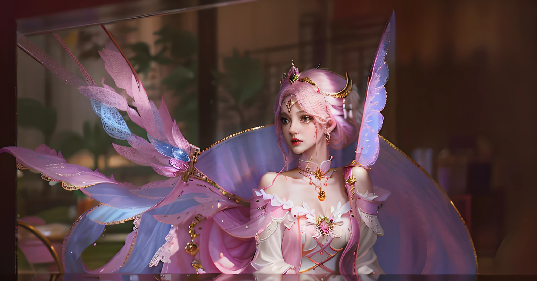 super model woman , golden crown , pink mouth ,Dressed in gold, standing in front of a crescent moon., goddess of heaven, goddess of the moon, anime goddess, beautiful heavenly mage, lunar goddess, Moon Goddess, Golden Lotus Princess, Goddess of the Galaxy, Beautiful Fantasy Empress, ((Beautiful Fantasy Empress)), Goddess and Moon, As the sun goddess,, Goddess of space and time , , Fine gold jewelry , red diamond , Indian city background