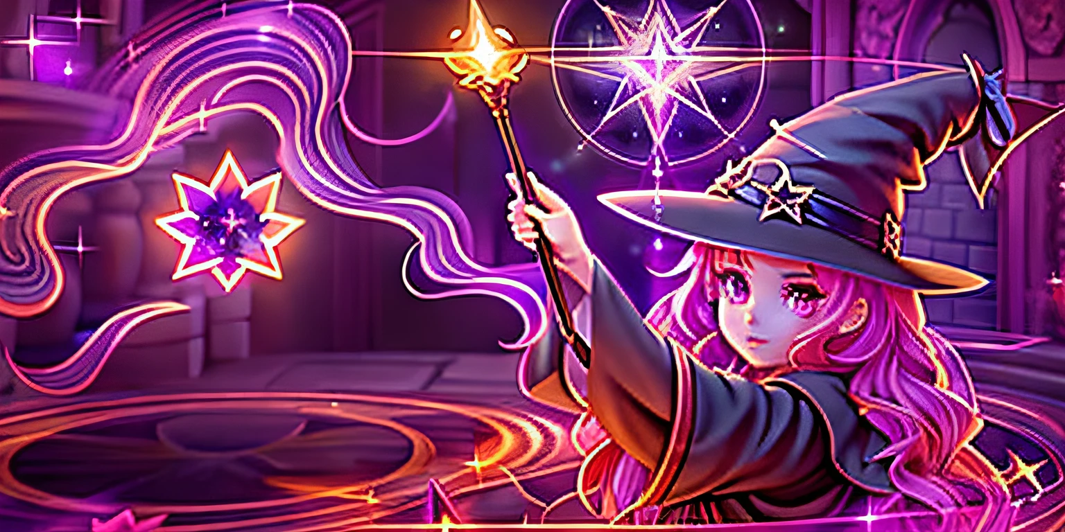 A witch with a wand and a star in her hand, casting spells, flirty anime witch casting magic, an arcane wizard casting a spell, casting a powerful spell, epic mage girl character, concept art magical highlight, arcane art style, female mage conjuring a spell, casting a spell on a potion, Cast magic, Wizard hat movie lighting